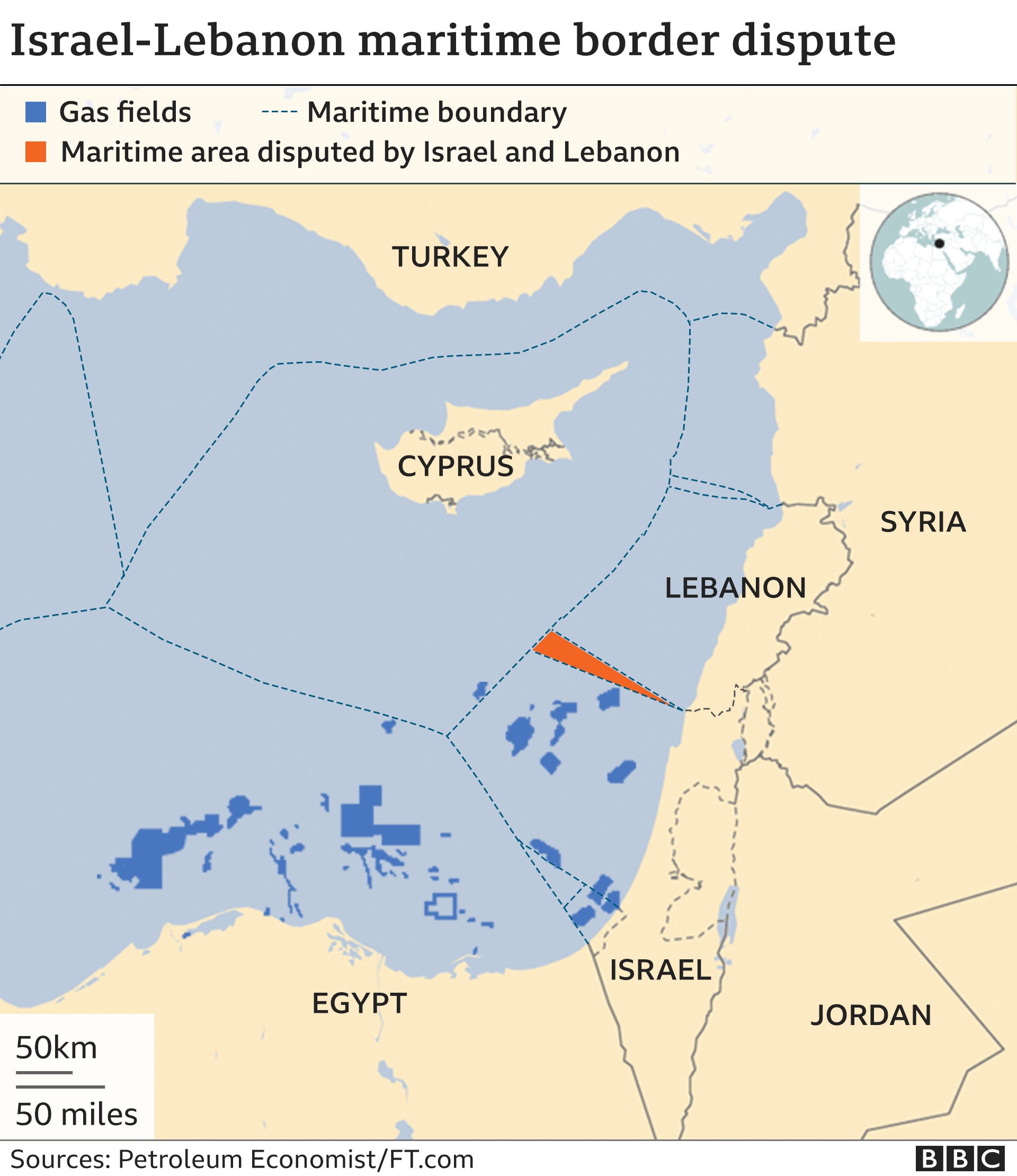 Map showing Israel-Lebanon maritime border dispute