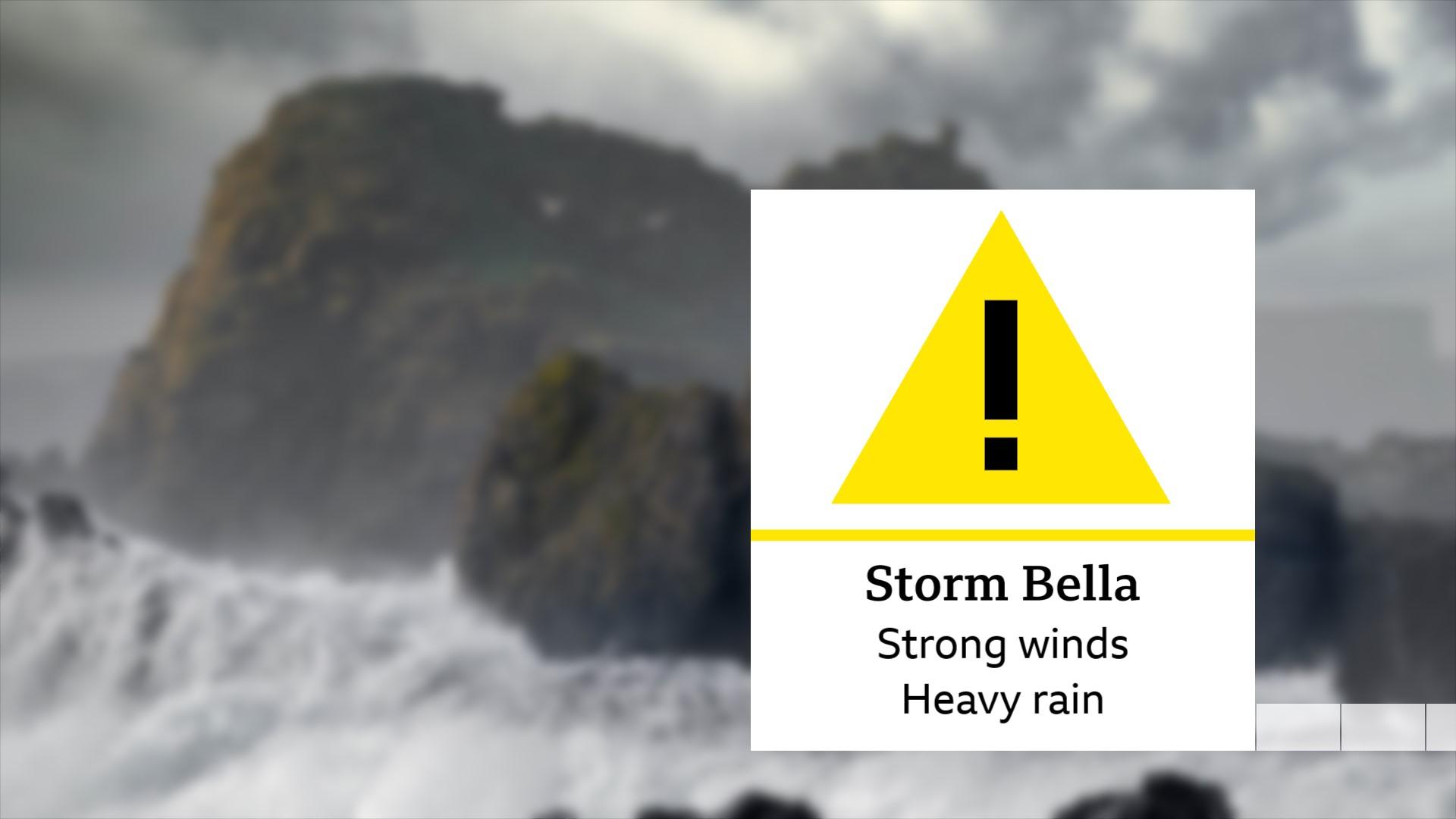 Storm Bella weather warning graphic