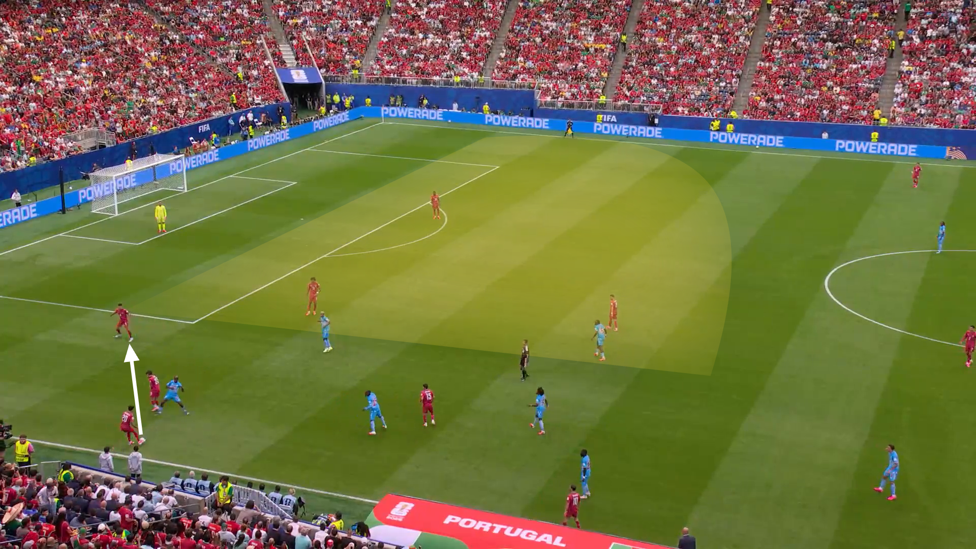 Screengrab from Portugal v Congo showing Cancelo's pass to a central defender and the space available on the far side of the pitch after a throw