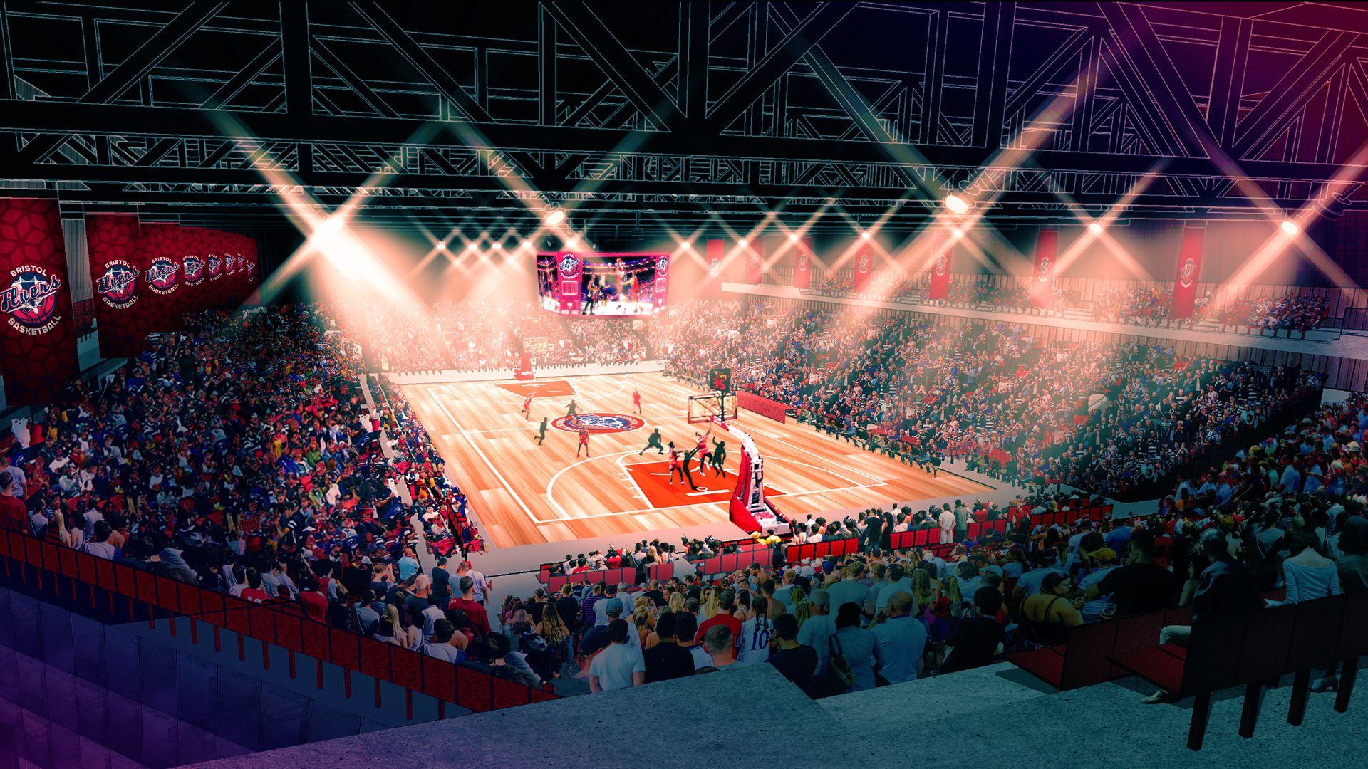 Artist's impression of packed and sold out arena with court