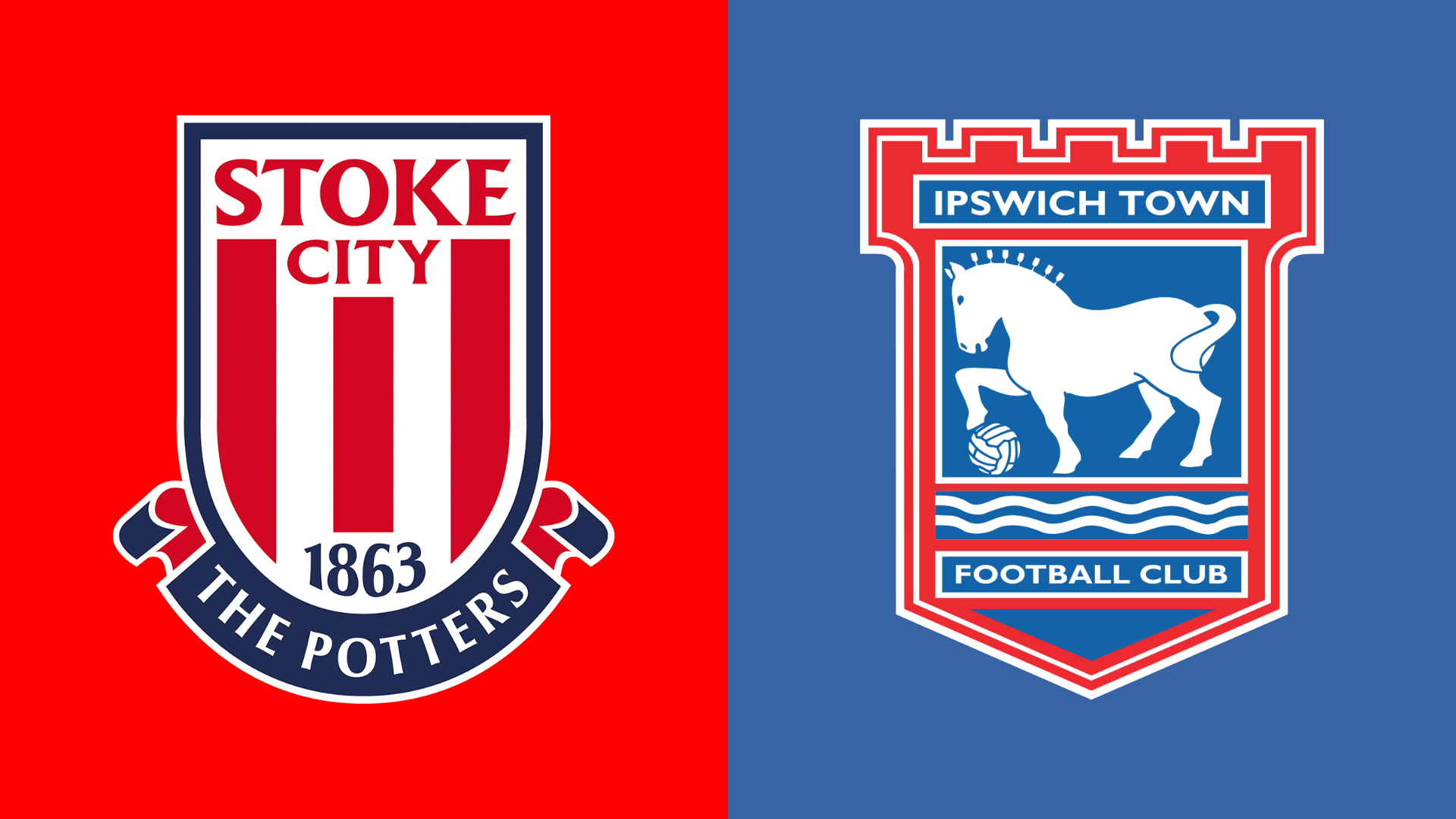 The Stoke City and Ipswich Town club badges side by side. Stoke's has red and white stripes with the words Stoke City at the top and 1863 at the bottom. Ipswich have a horse with a hoof on a ball drawn in white on a blue background