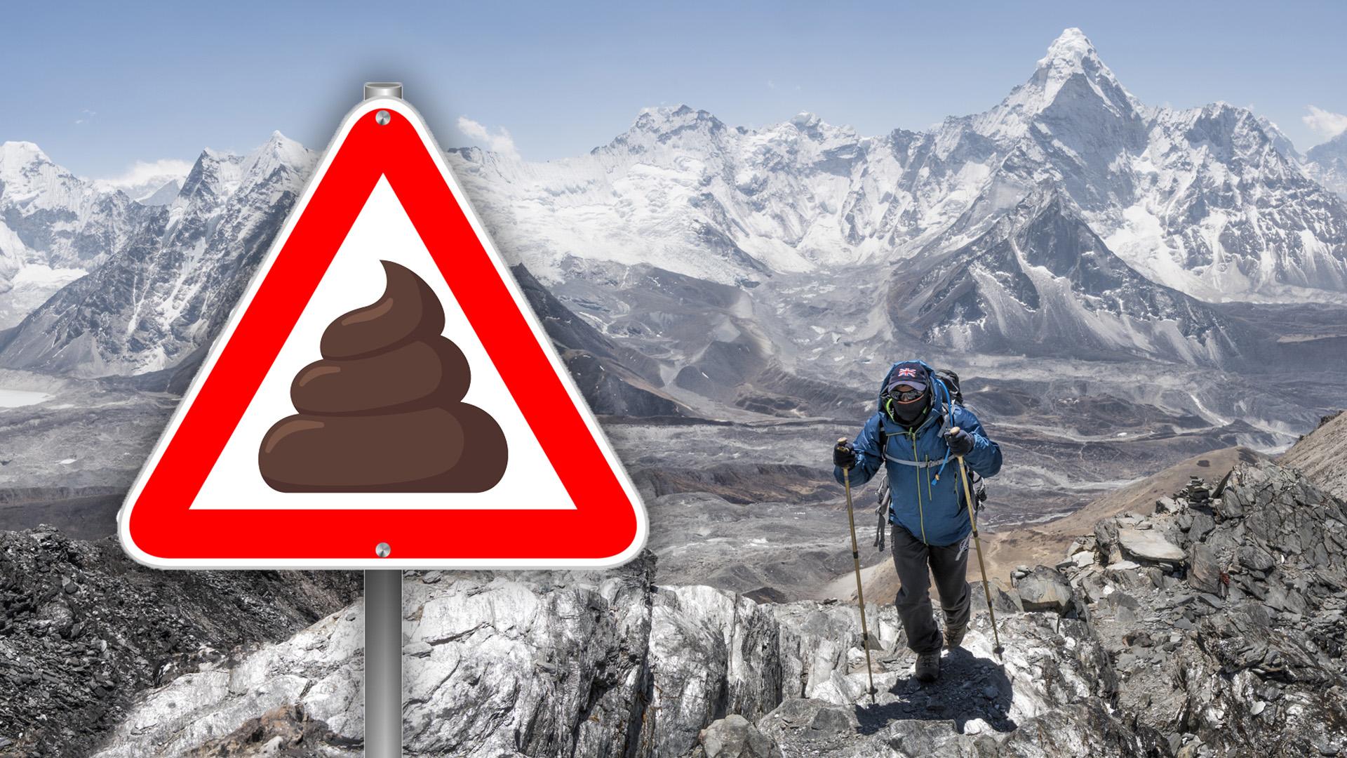 Someone climbing Mt Everest with a pile of poo warning sign