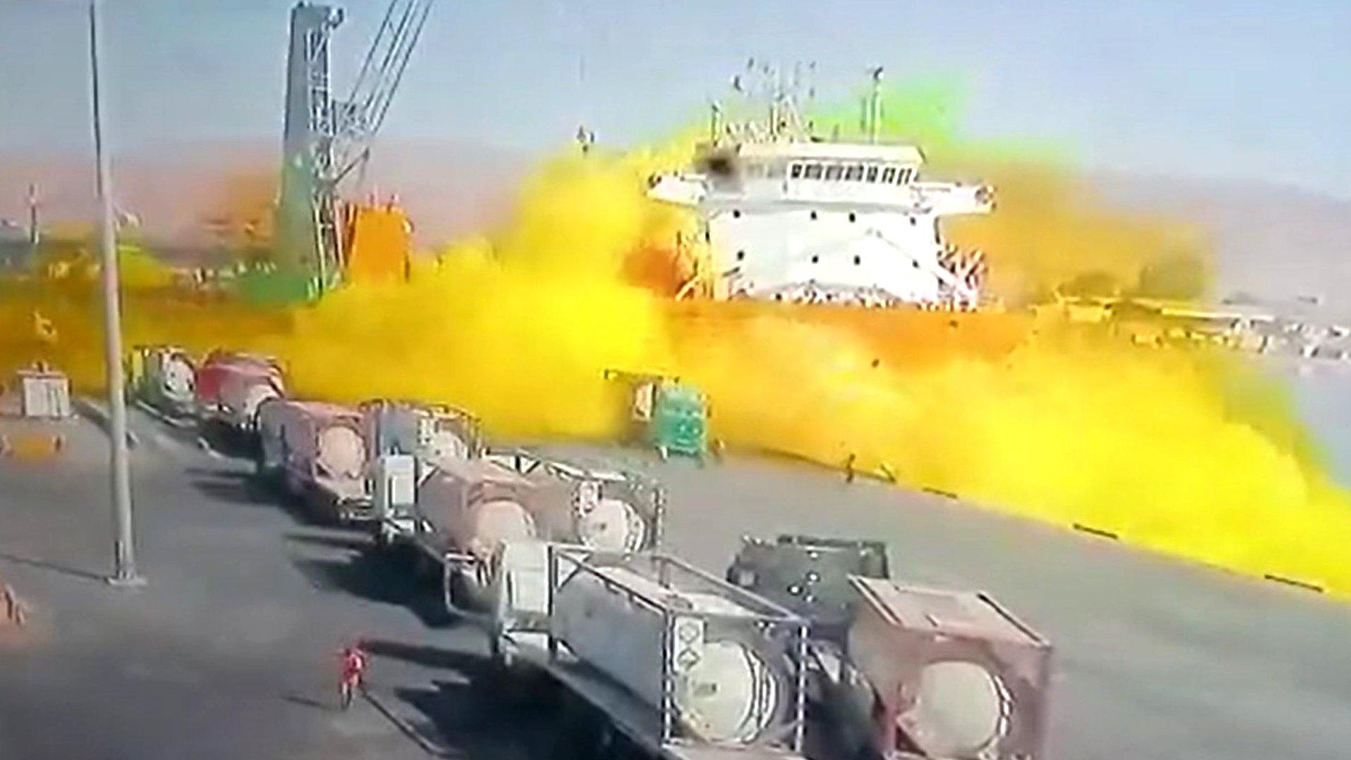 State-owned AlMamlaka TV broadcast footage showing the toxic gas cloud at Jordan's Aqaba port