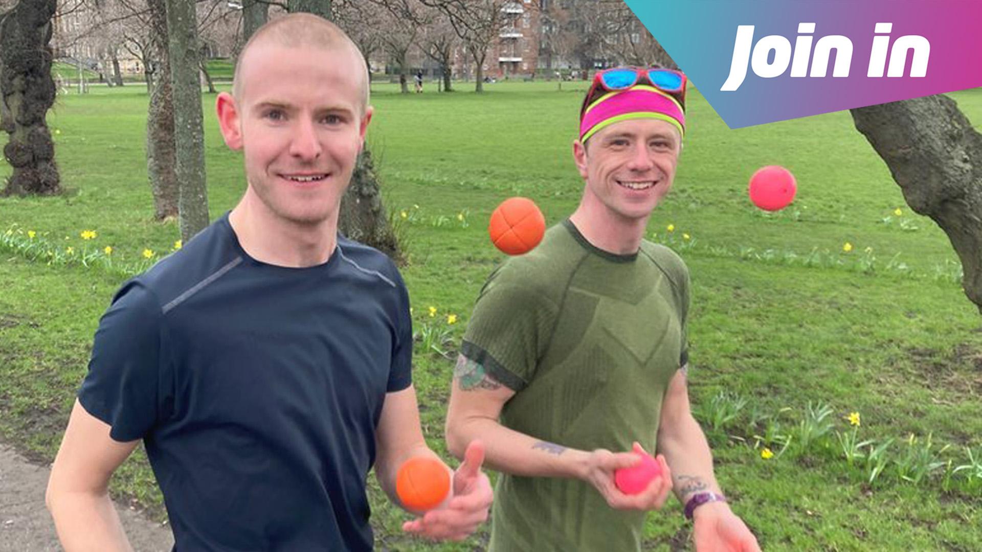 Two men joggling