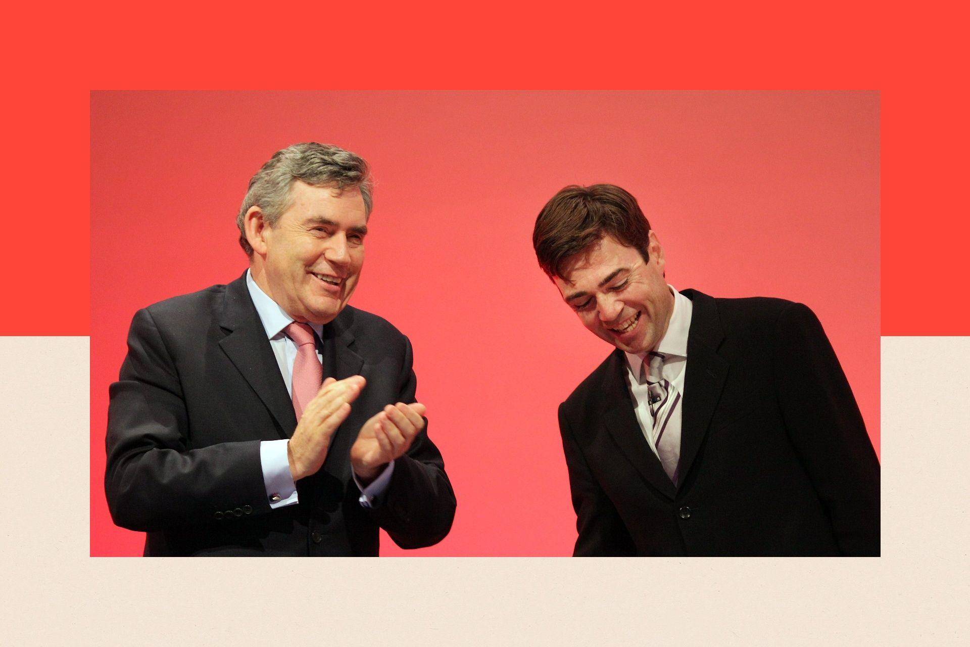 Former Prime Minister Gordon Brown (L) applauds Secretary of State for health Andy Burnham at the Labour Party Conference on September 30, 2009