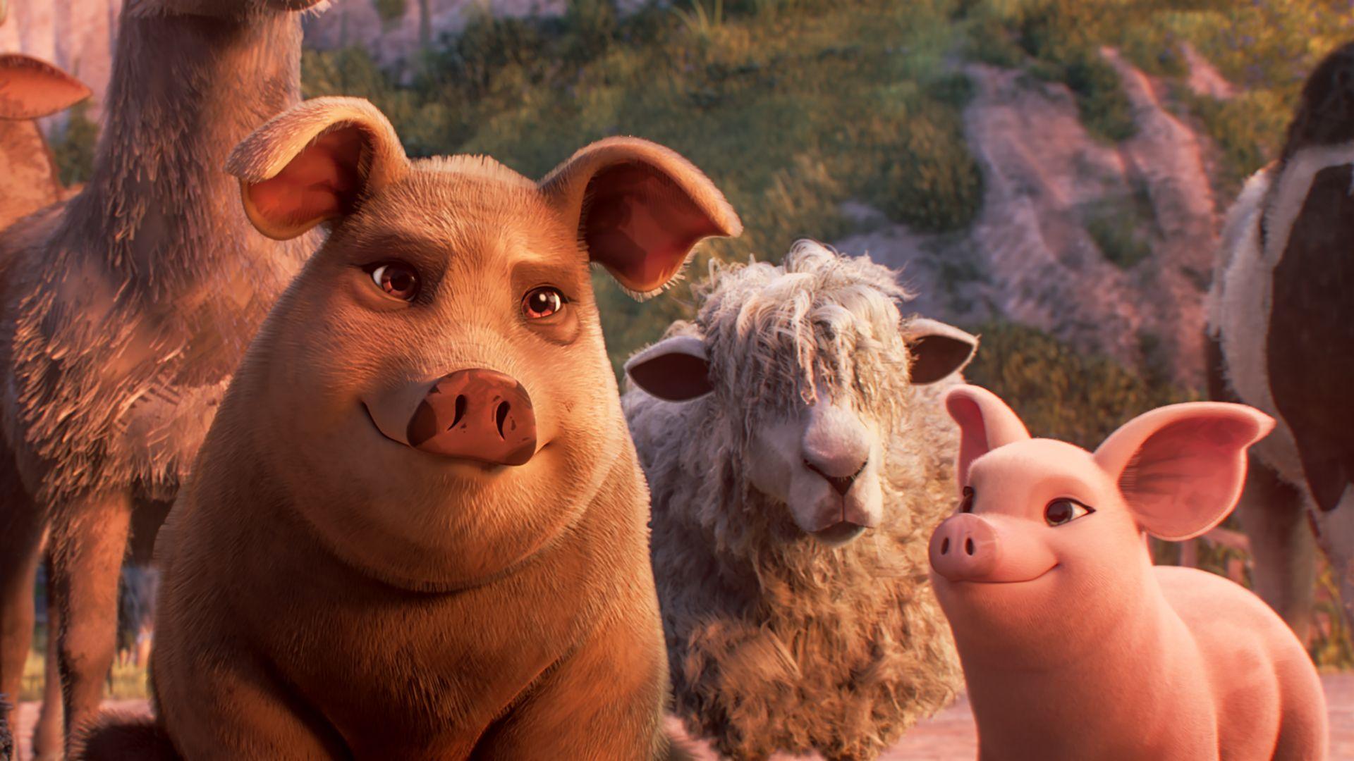 A still from Animal Farm showing two pigs and a sheep