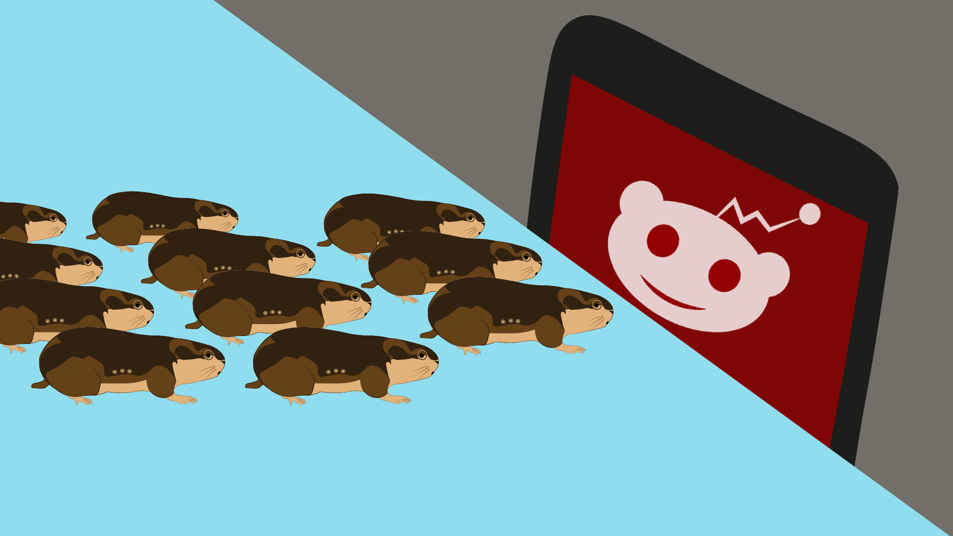 Picture of Lemming investors - group of lemmings looking at a screen with the Reddit logo (a smiling alien head) on it