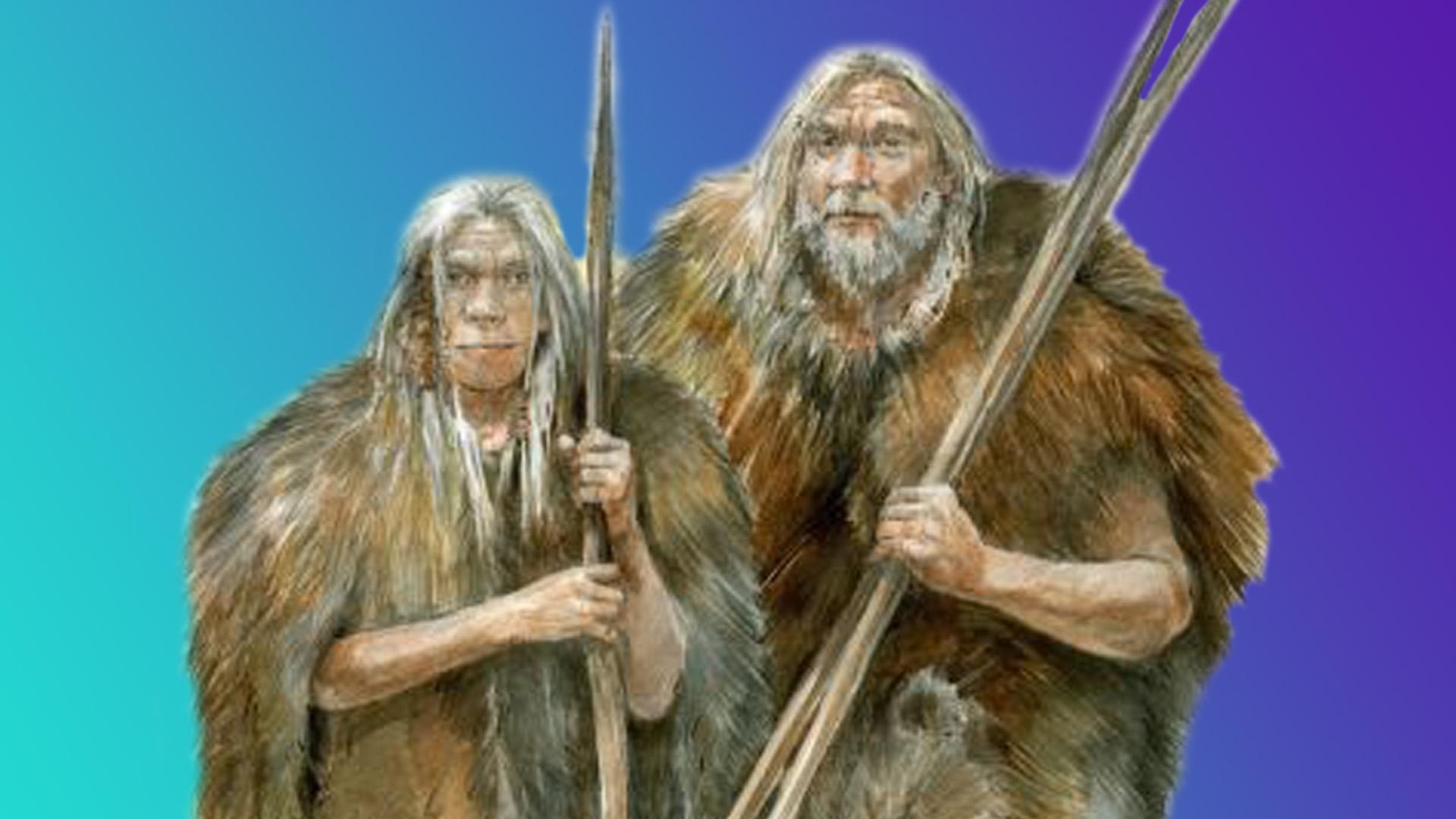 Artistic interpretation of early humans wearing cave bear skins for protection from the cold