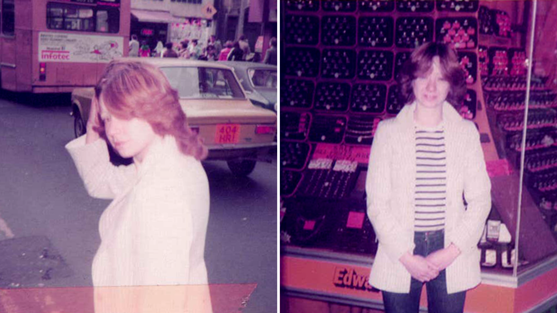 Two side-by-side images of Kathleen Richards when she was a teenager. She has short shoulder-length hair in both of the images and she is wearing the same white jacket. The pictures are faded. There are cars in the background of the first image and a shelf filled with what look like wine bottles in the picture on the right.