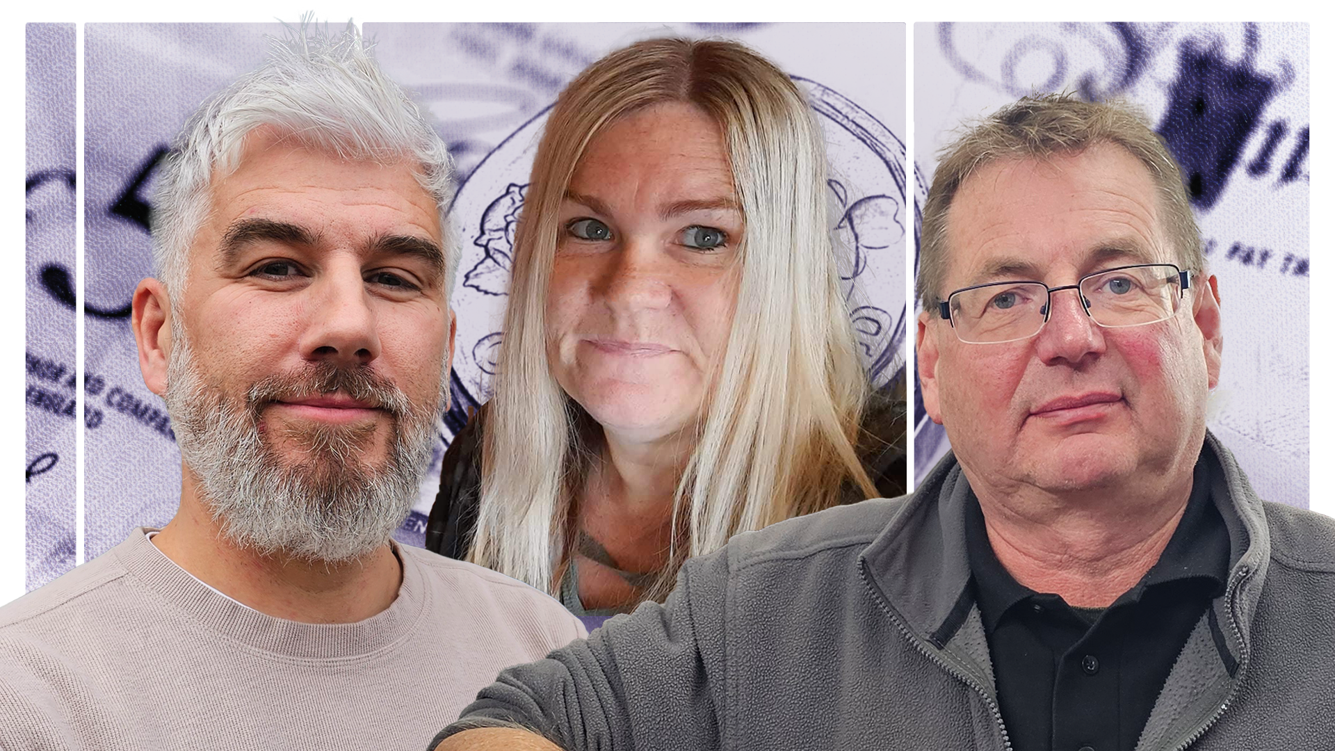 A man, woman and a second man look into the camera with money behind them as a backdrop - a £5 note and a £1 coin.