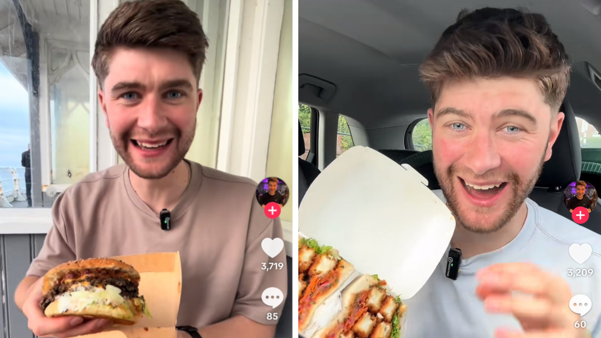 A side by side of two pictures of Alex Green. He is a man who has brown hair and is looking directly at the camera while filming a food review video. In the picture on the left, he is wearing a beige T-shirt and is holding a burger. On the right he is wearing a white T-shirt and is holding a sandwich and is sitting down in a car. The pictures have been taken from his TikTok videos and show how many likes and comments he has on each video.