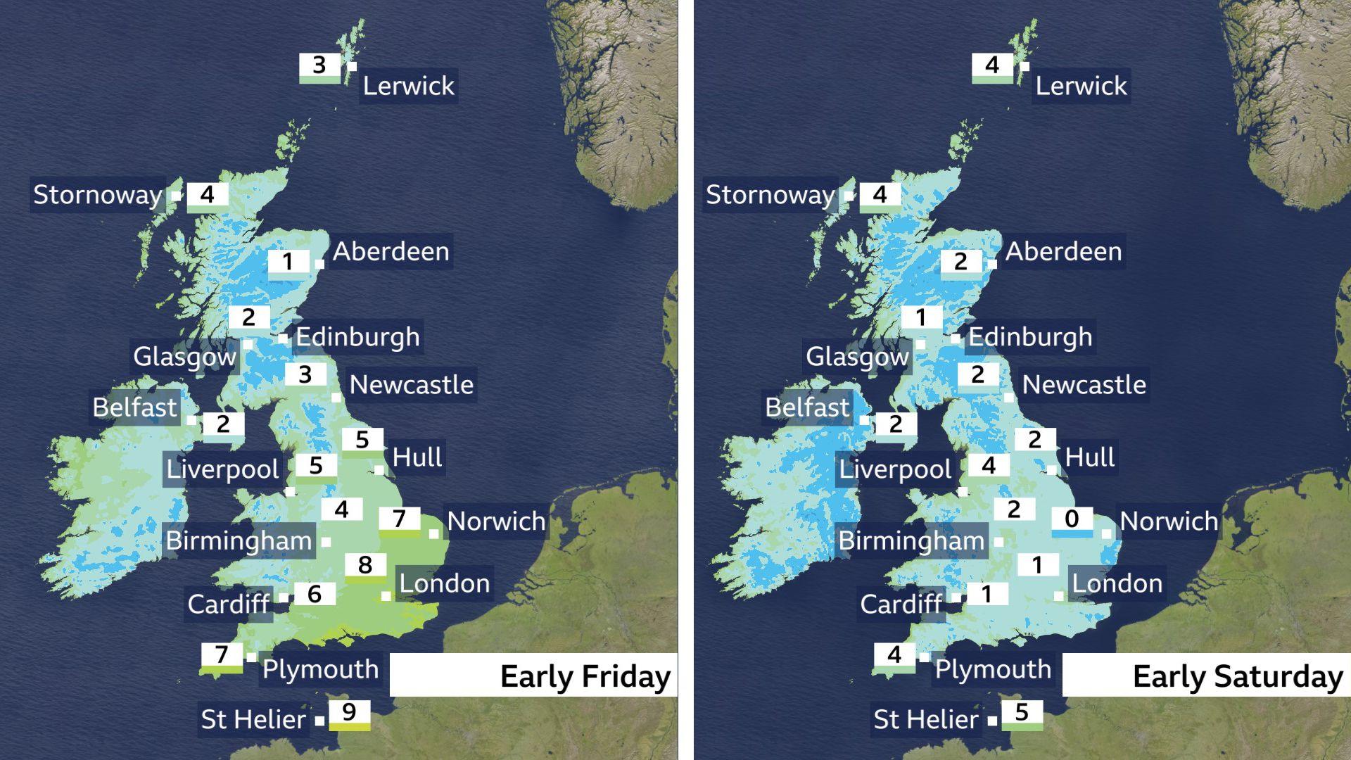 Temperature profile charts showing early Friday with a frost in rural parts of the north and west. Early Saturday the frost is expected to be more widespread.