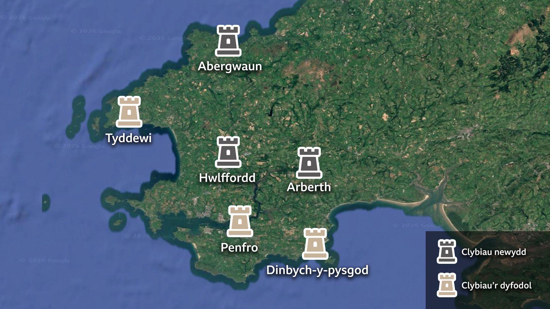 Map yn dangos lleoliadau'r clybiau gwyddbwyll newydd, a'r rhai sydd wedi'u cynllunio ar gyfer y dyfodol.