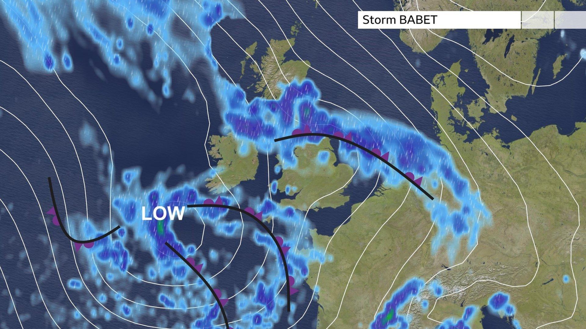 Meteorological pressure chart showing location of Storm Babet to the south-west of the UK