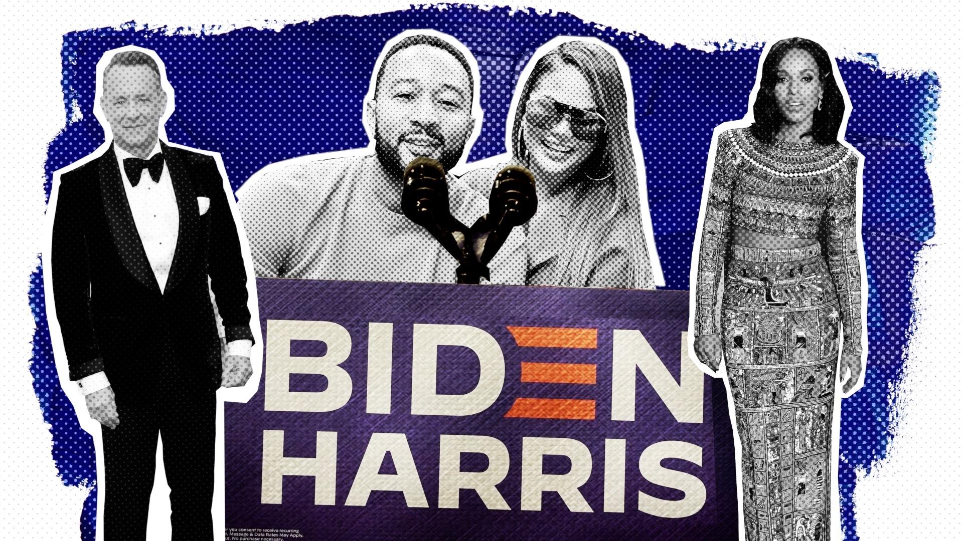 Tom Hanks, John Legend, Chrissy Teigen and Kerry Washington stand by a Biden-Harris poster