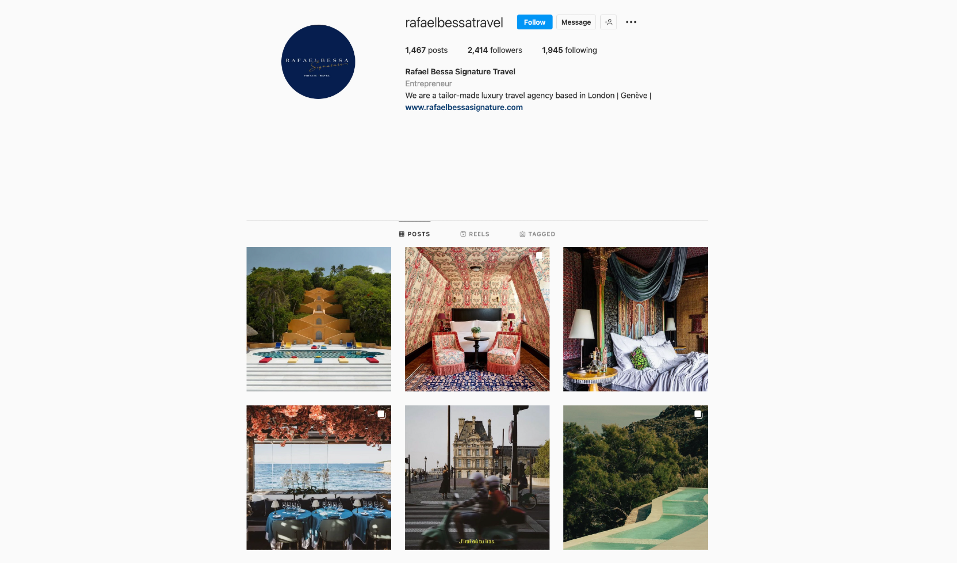 Screengrab of Rafael Bessa Signature Travel Instagram page