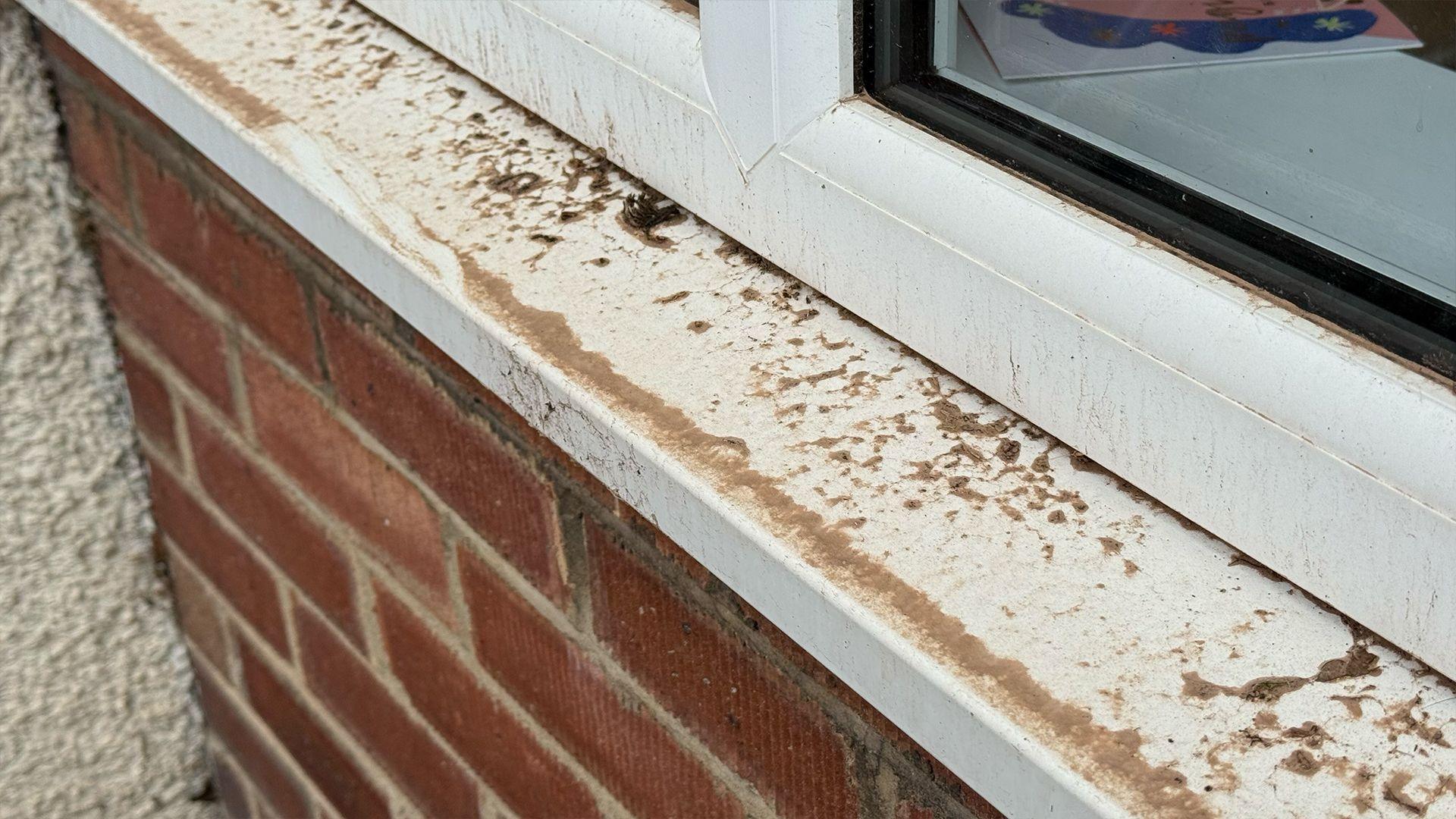 Dust covering a window sill outside a house on Radbourne Lane in Derby