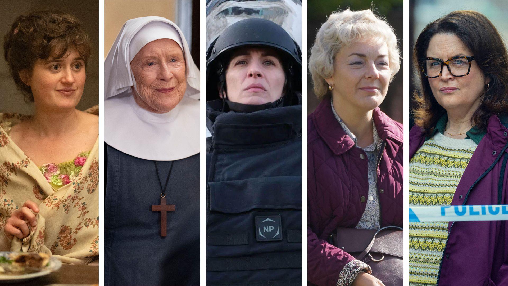 A five-way split image of actors Ella Bruccoleri, Judy Parfitt, Vicky McClure, Sheridan Smith and Ruth Jones all performing separately in their NTA nominated roles