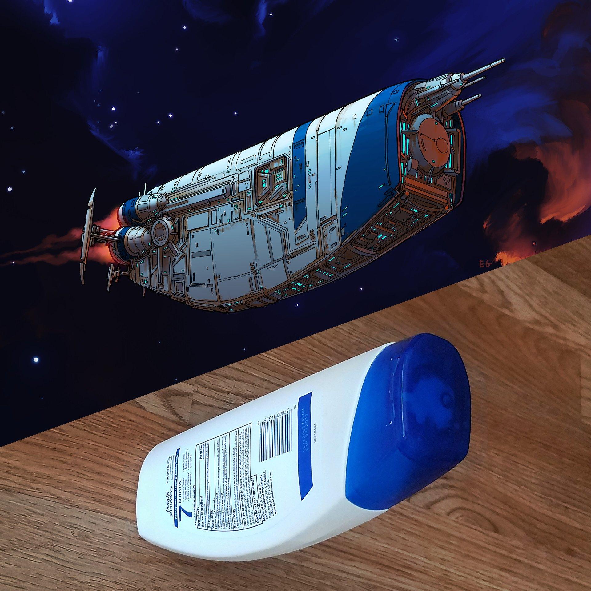 A space ship and shampoo bottle.