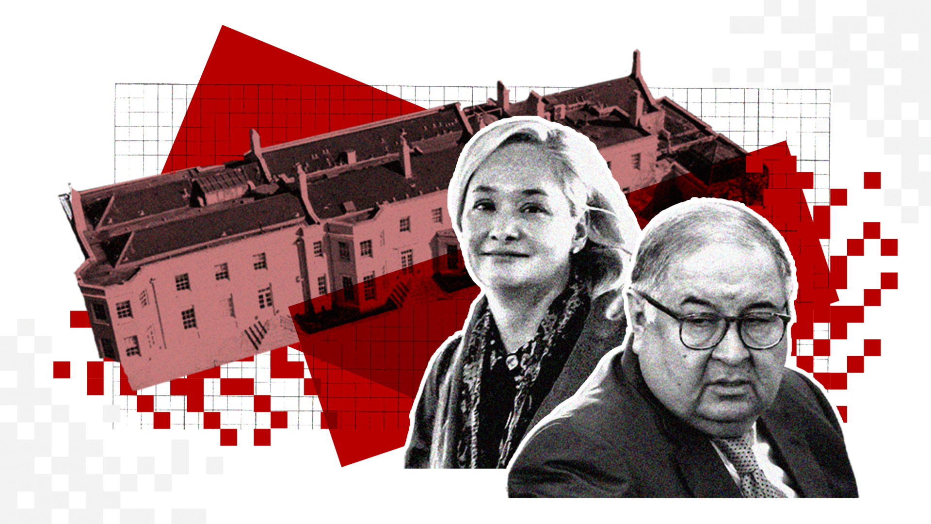 Stylised graphic showing Beechwood House, Lubov Chernukhin and Alisher Usmanov