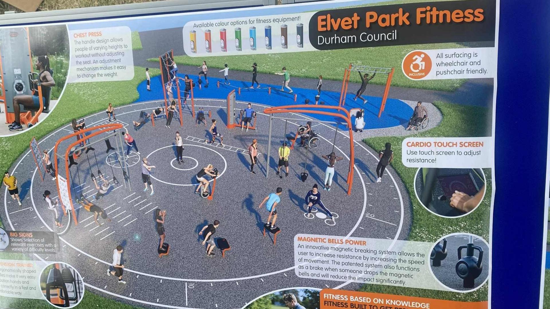 A design for the bowling green plans a circular concrete area covering a large part of the grassland. There is a range of orange metal gym equipment. It is called Elvet Park Fitness and has written detail about chest press, cardio touch screen and magnetic bells power at the facility.
