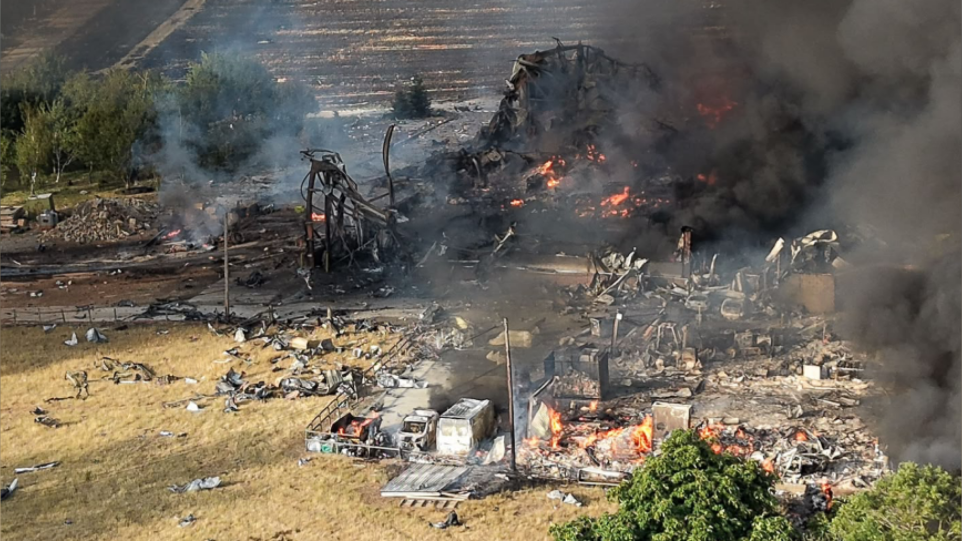An aerial shot of damage caused by a fire and explosion.