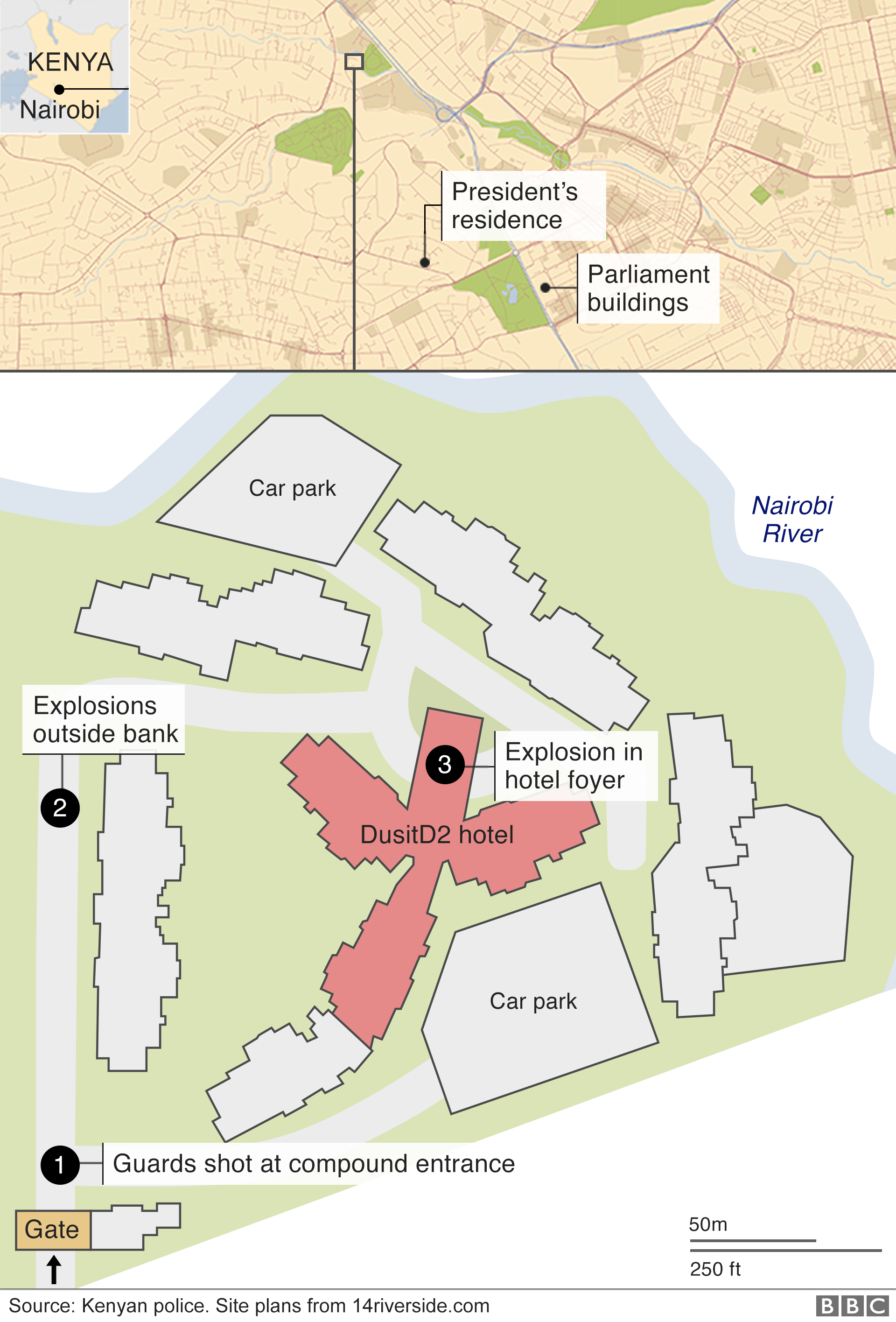 A map shows the complex in Nairobi where attackers opened fire on Tuesday