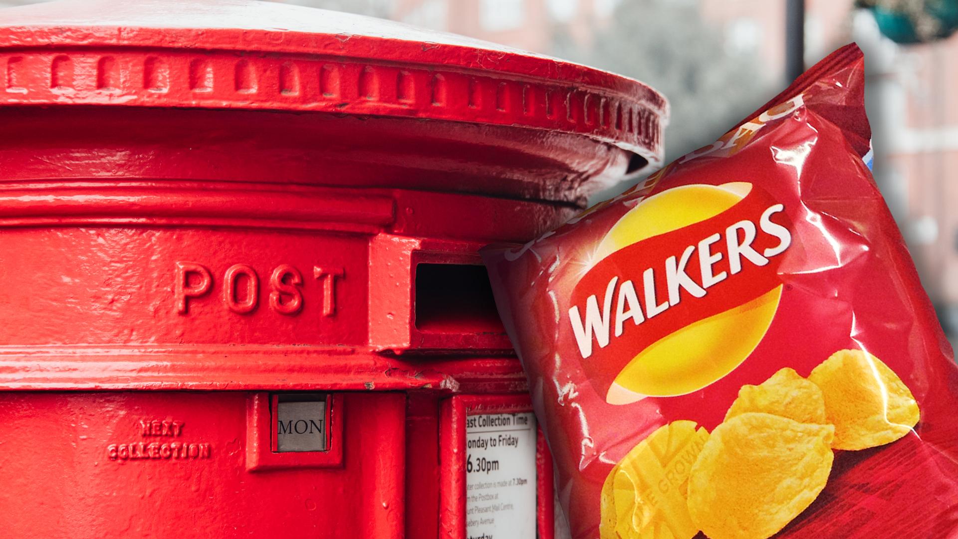 A Walkers crisp packet next to a post box