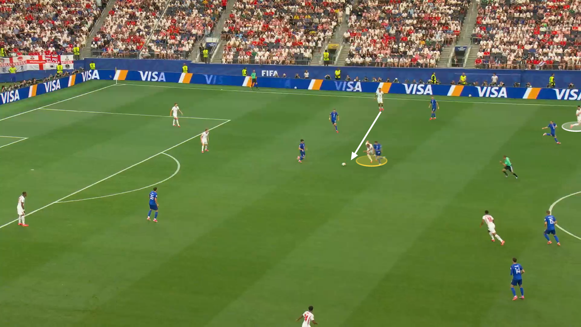 Screengrab from England vs Croatia with an arrow showing a misplaced pass from the left-back into the centre of midfield, where Harry Kane, the striker, has positioned himself.