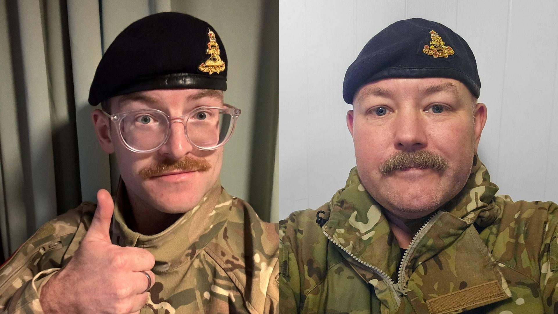 Two men in a composite image are wearing army combat uniforms and looking at the camera. The man on the left image is holding his thumb up and wearing glasses. Both have moustaches.