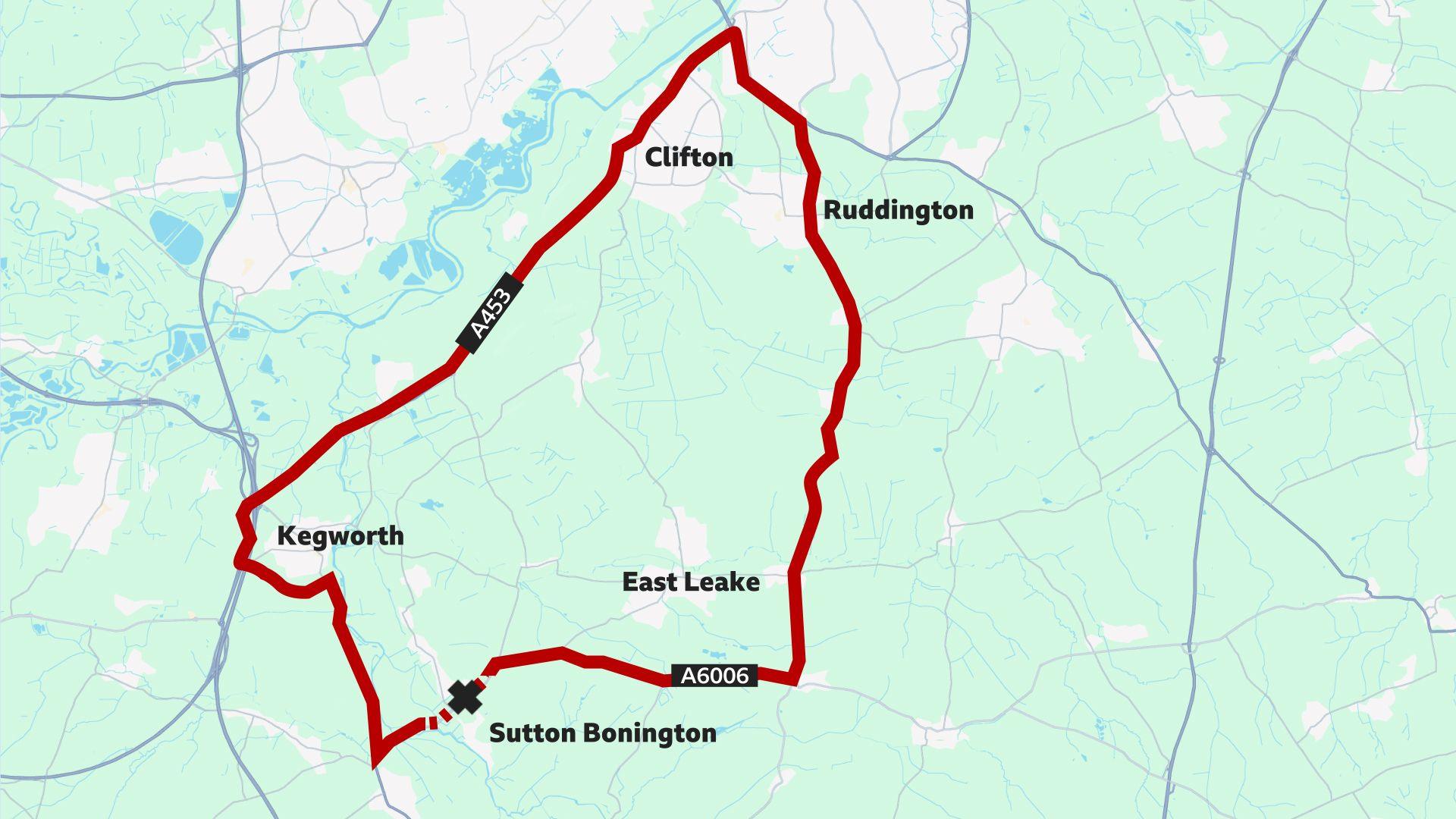 A graphic showing the diversion route in a thick red line