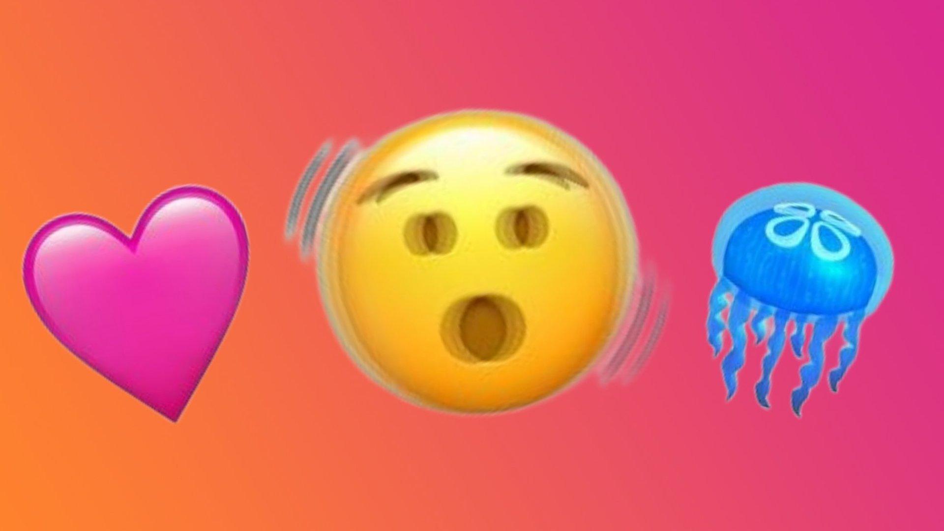 Pink heart, shaking face and jellyfish emoji