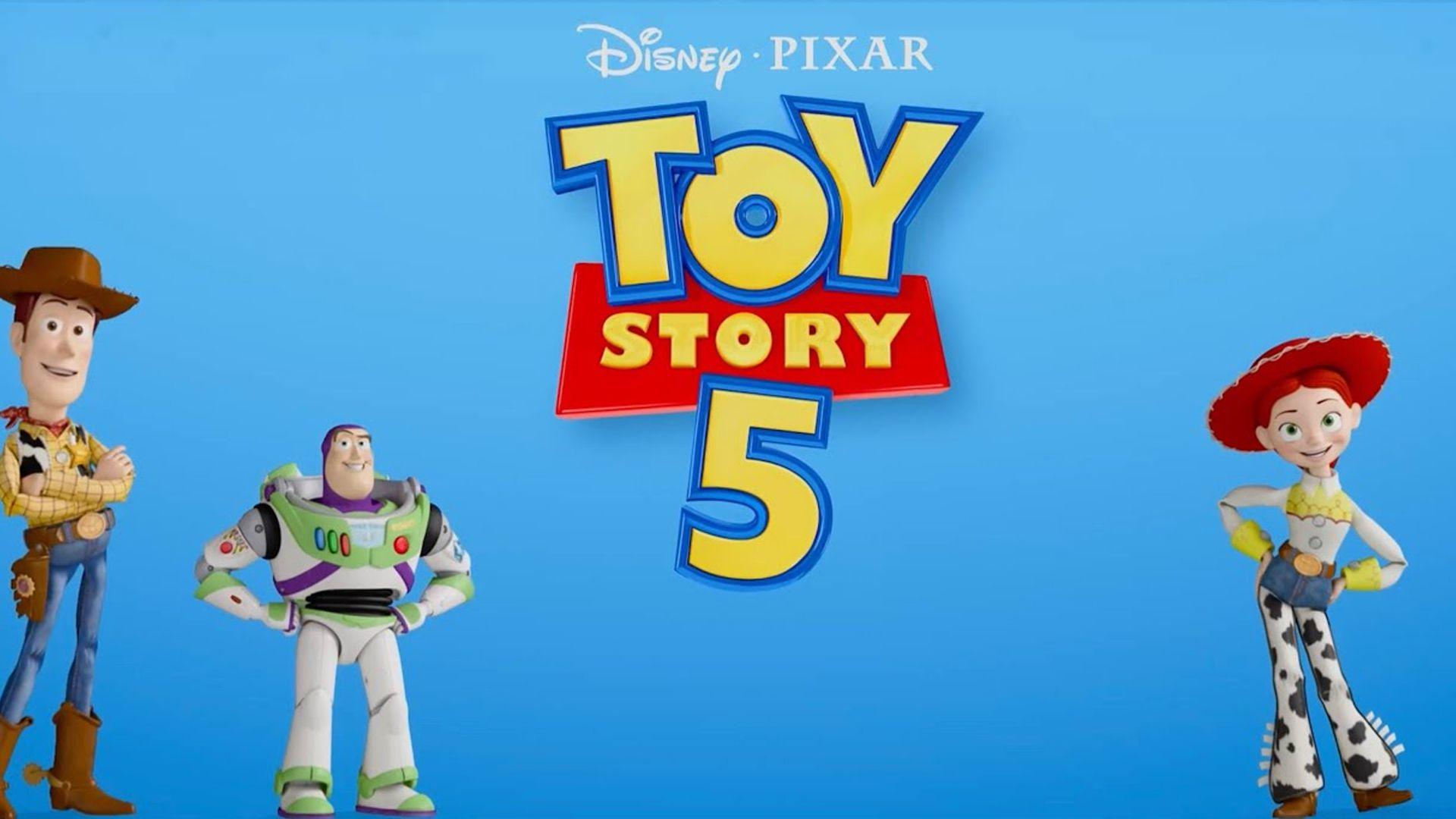 Toy Story 5 characters Woody, Buzz and Jessie smile at the camera on a blue background with the film's logo