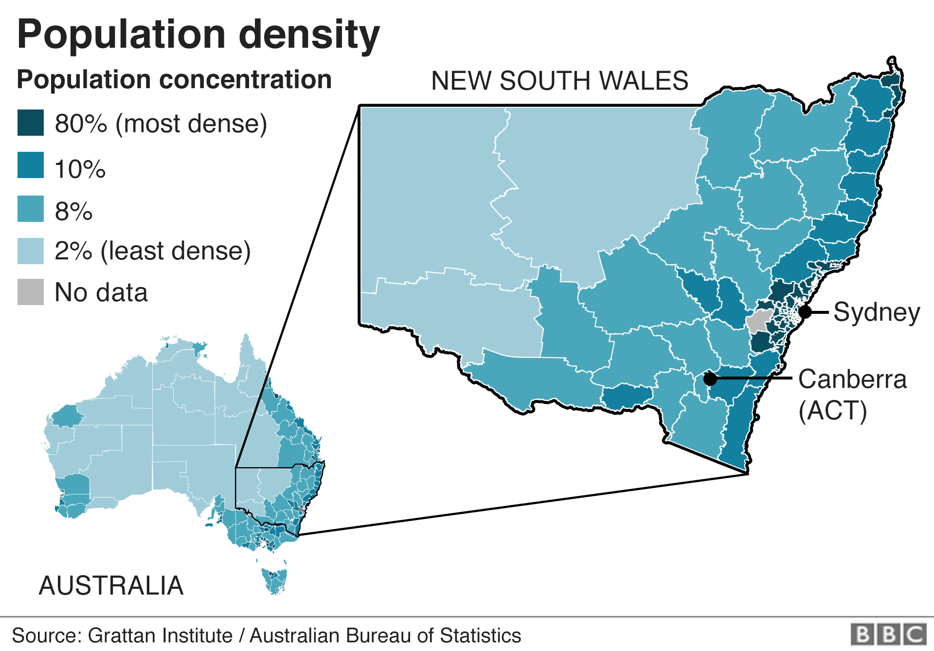 A map showing population density in New South Wales