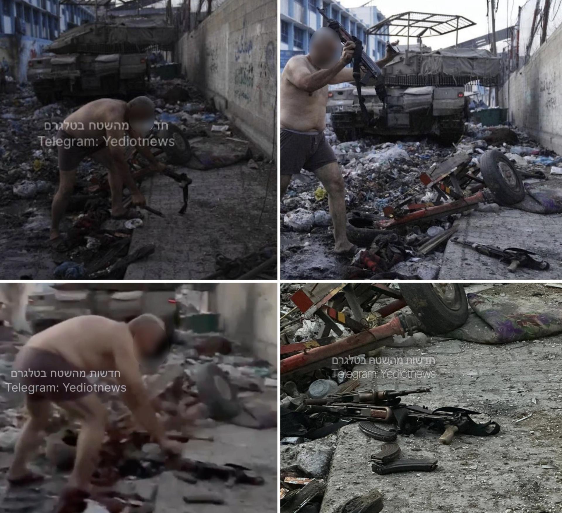 Screengrabs from a video appearing to show a Palestinian man laying down guns