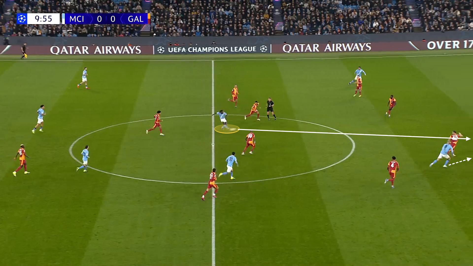 Screengrab of Doku, in a central position, playing a through ball for Erling Haaland against Galatasaray