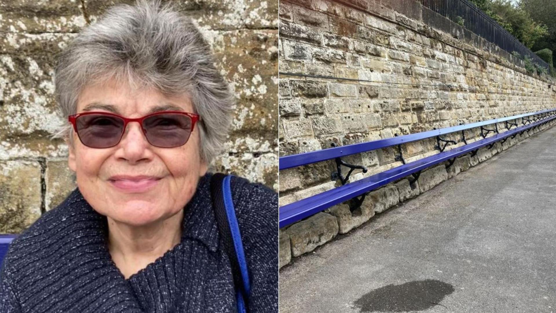 Two pictures. On the left, a smiling woman with silver hair wearing red rimmed sun glasses sitting in front of a brick wall. On the right a blue wooden bench fixed to a brick wall.