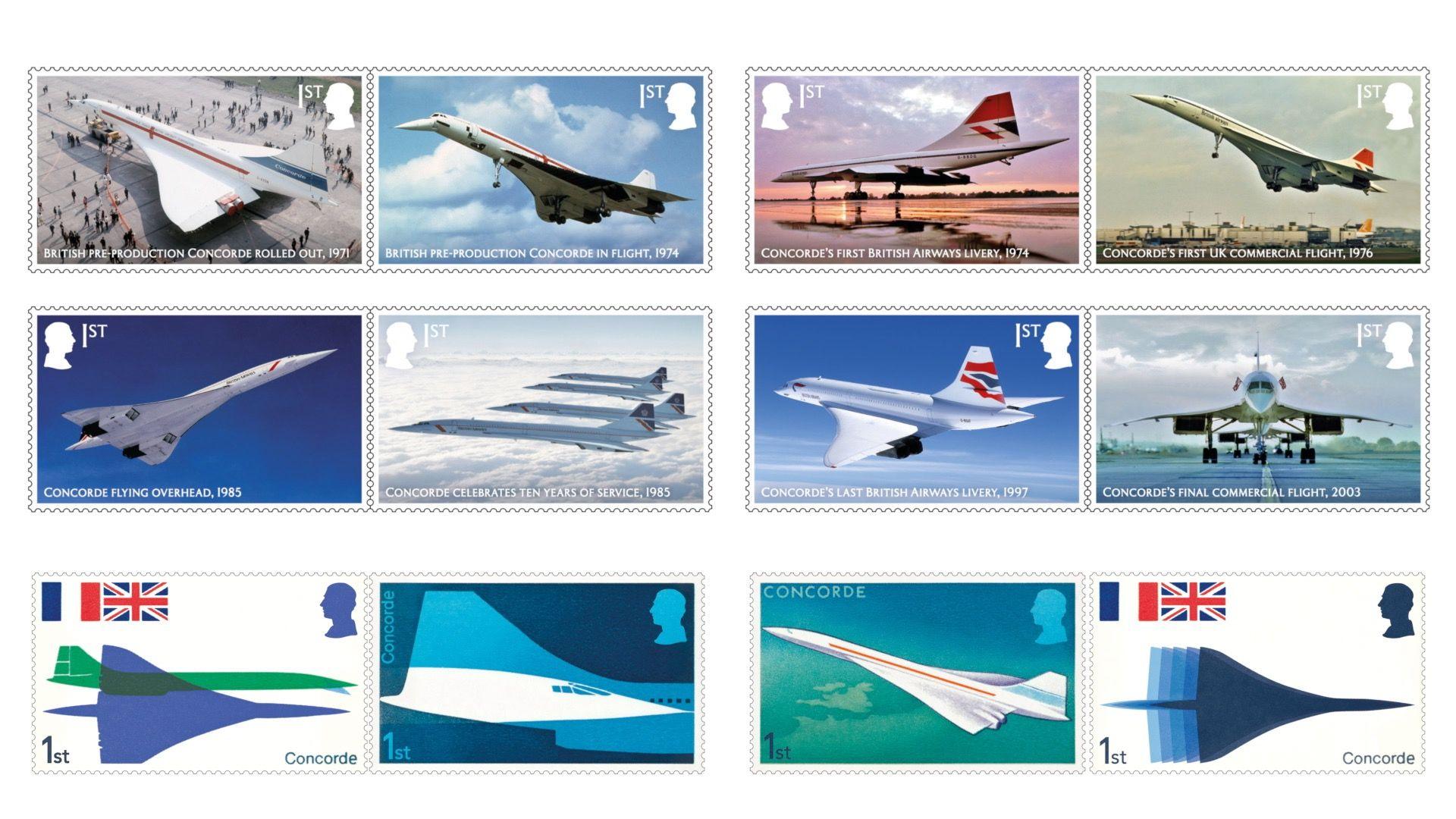 Twelve stamps from the collection are shown side by side. Some have photos of planes and some are designs done by artists.