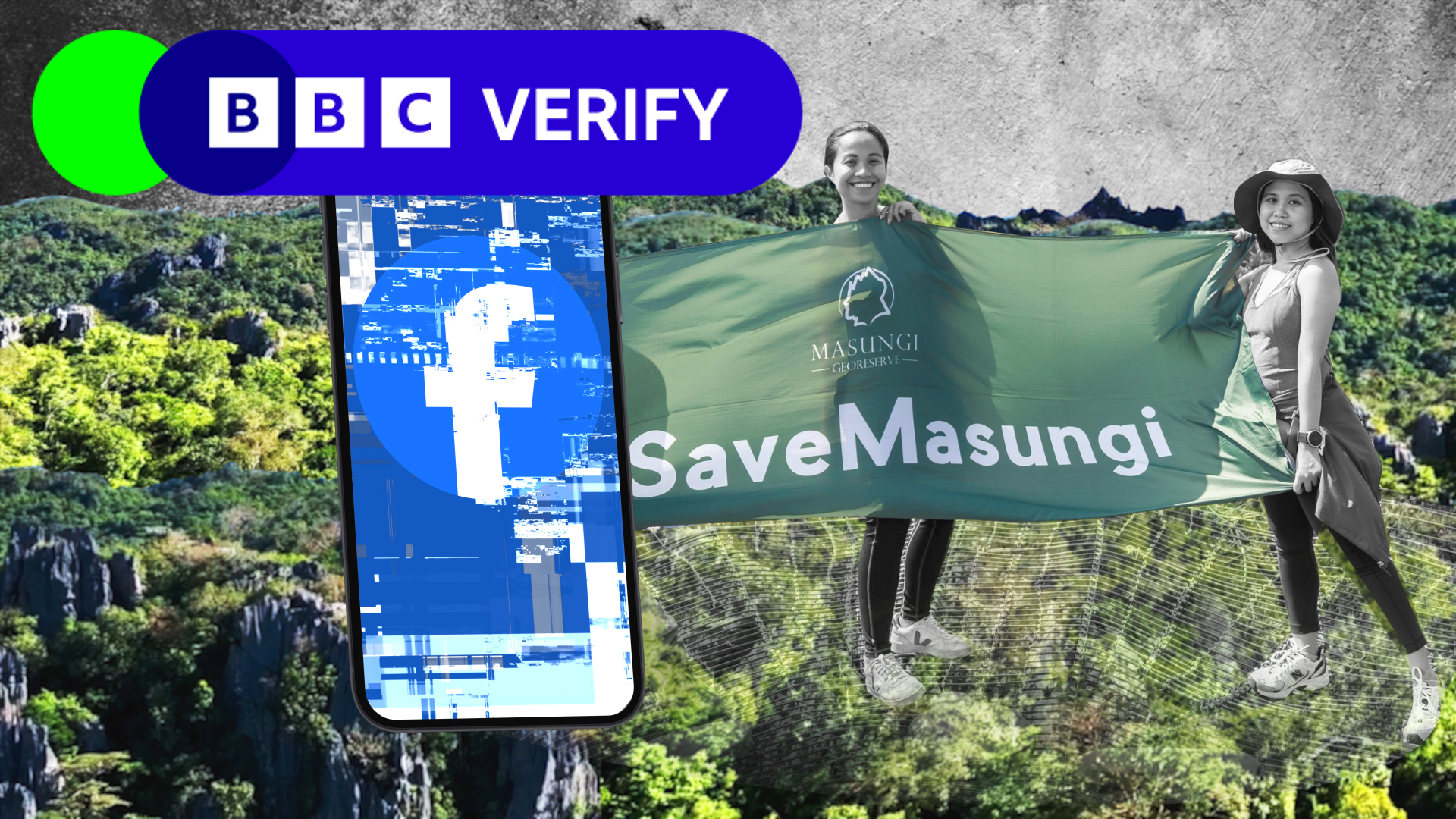 A smartphone, showing a distorted Facebook look, is displayed against a backdrop of lush rainforest and limestone formations. Ann and Billie Dumaliang, who help run the Masungi Georeserve Foundation, can also be seen holding a banner saying "Save Masungi".