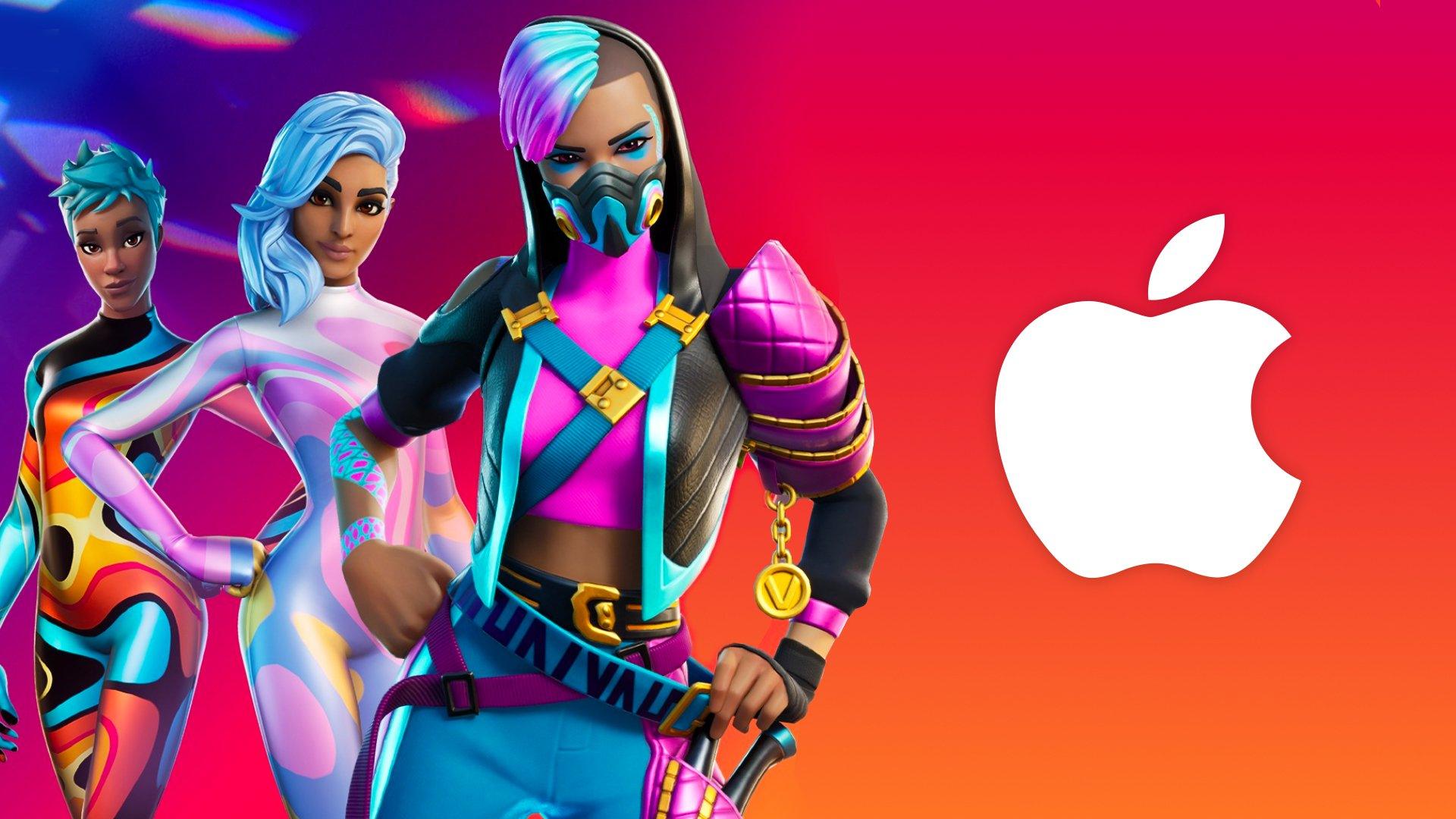 Fortnite characters next to Apple logo