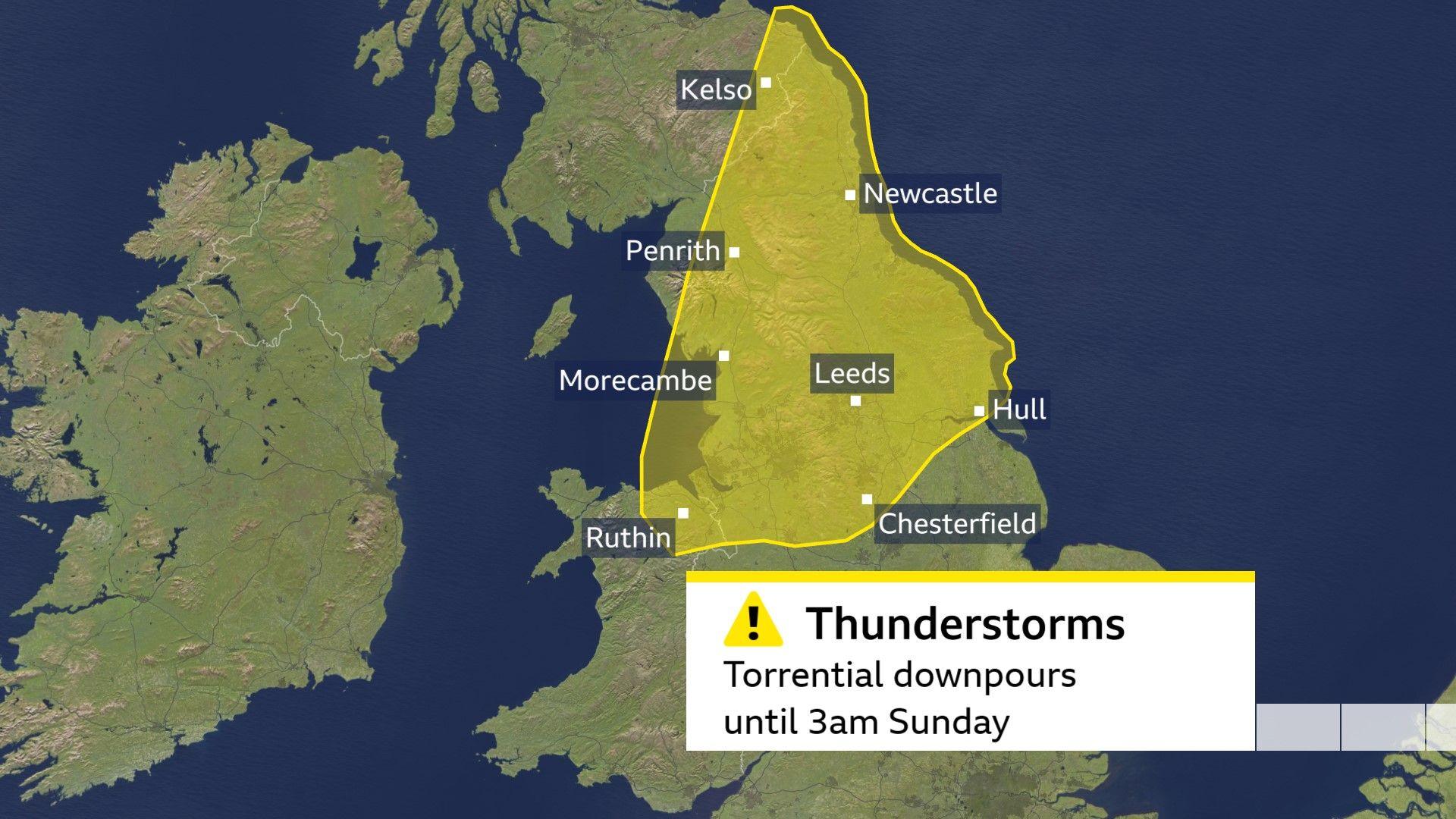 Graphic showing Met Office weather warning for thunderstorms in northern England, the Scottish Borders and north Wales