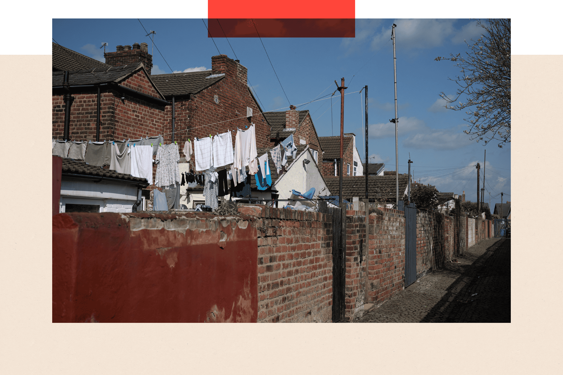 Clothes are hung out to dry above the back yard of a house in the town centre of Runcorn, north west England