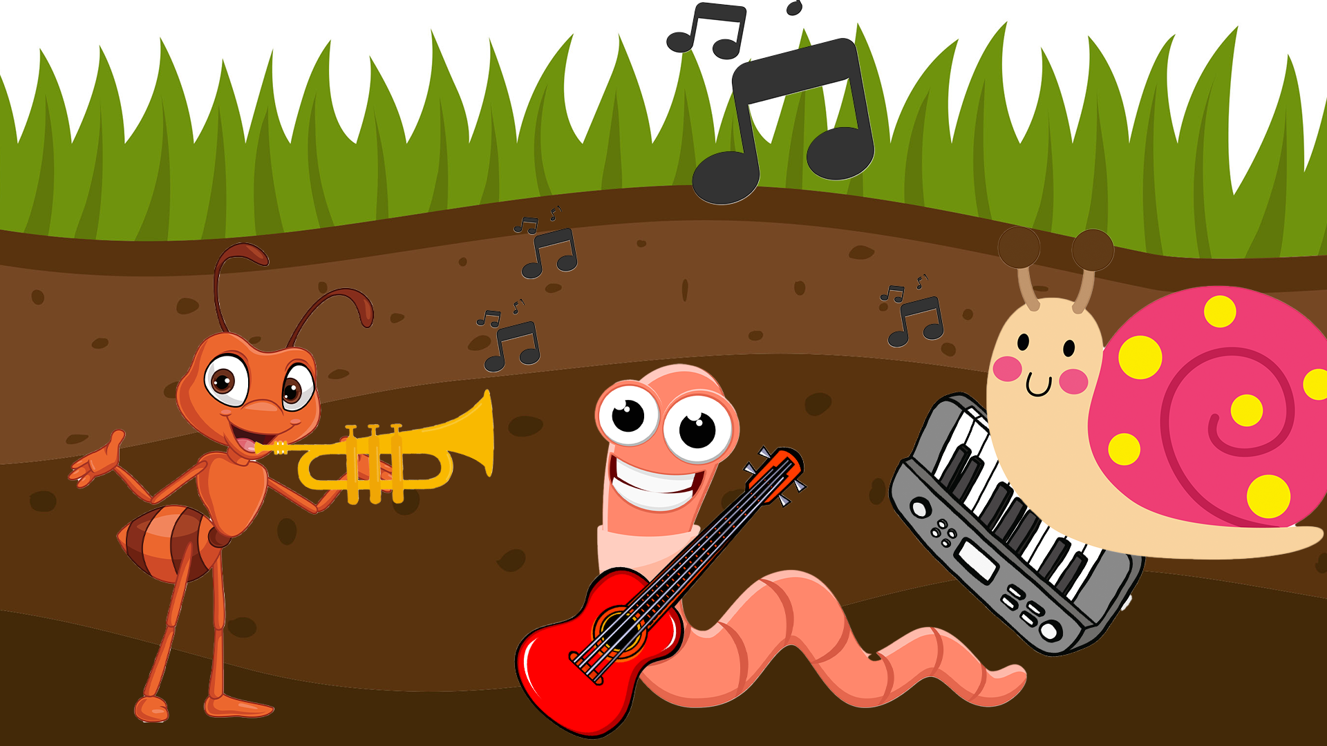 Cartoon insects play musical instruments underground
