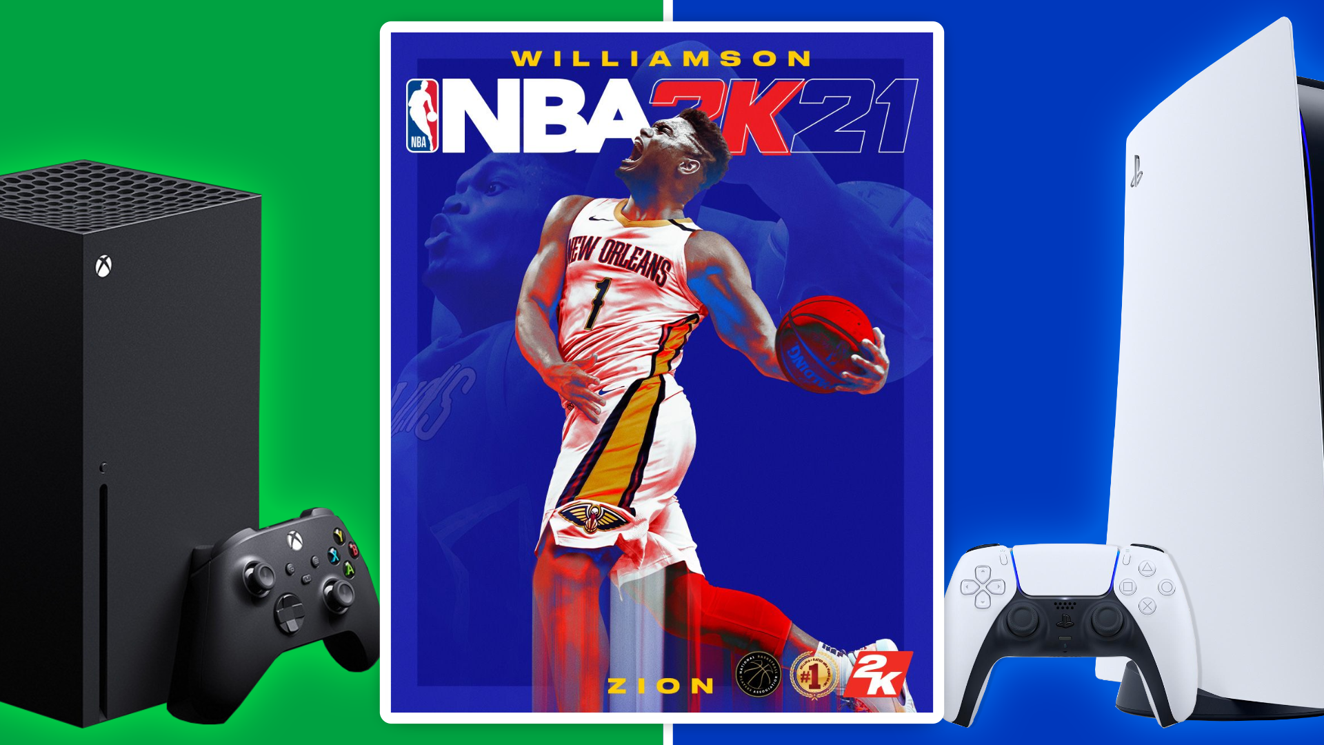 NBA 2K21 next to an Xbox Series X and PS5