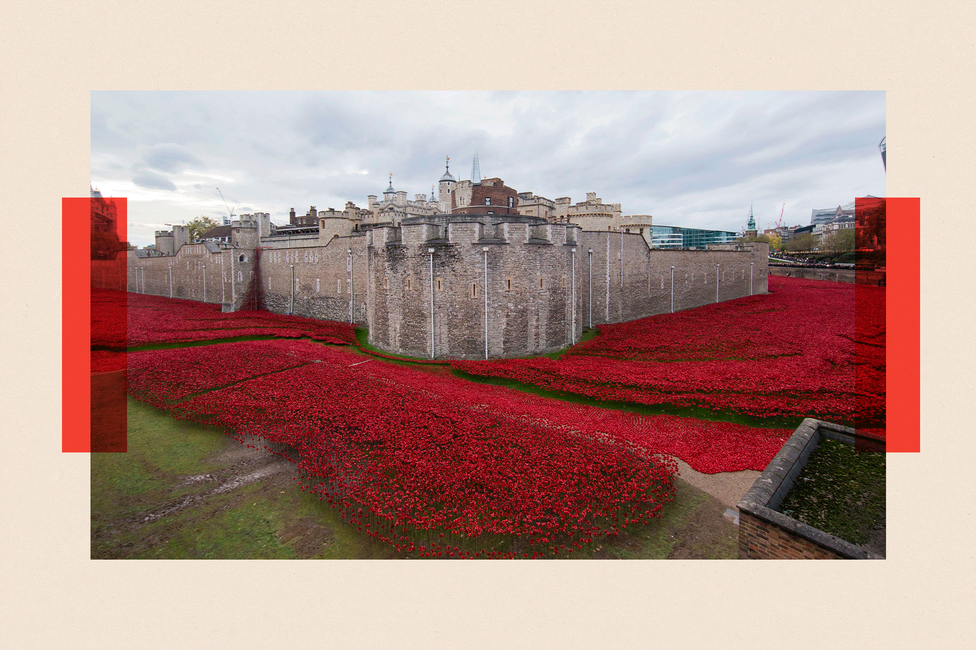 A general view shows the "Blood Swept Lands and Seas of Red" installation of ceramic poppies in the moat area of the Tower of London in London