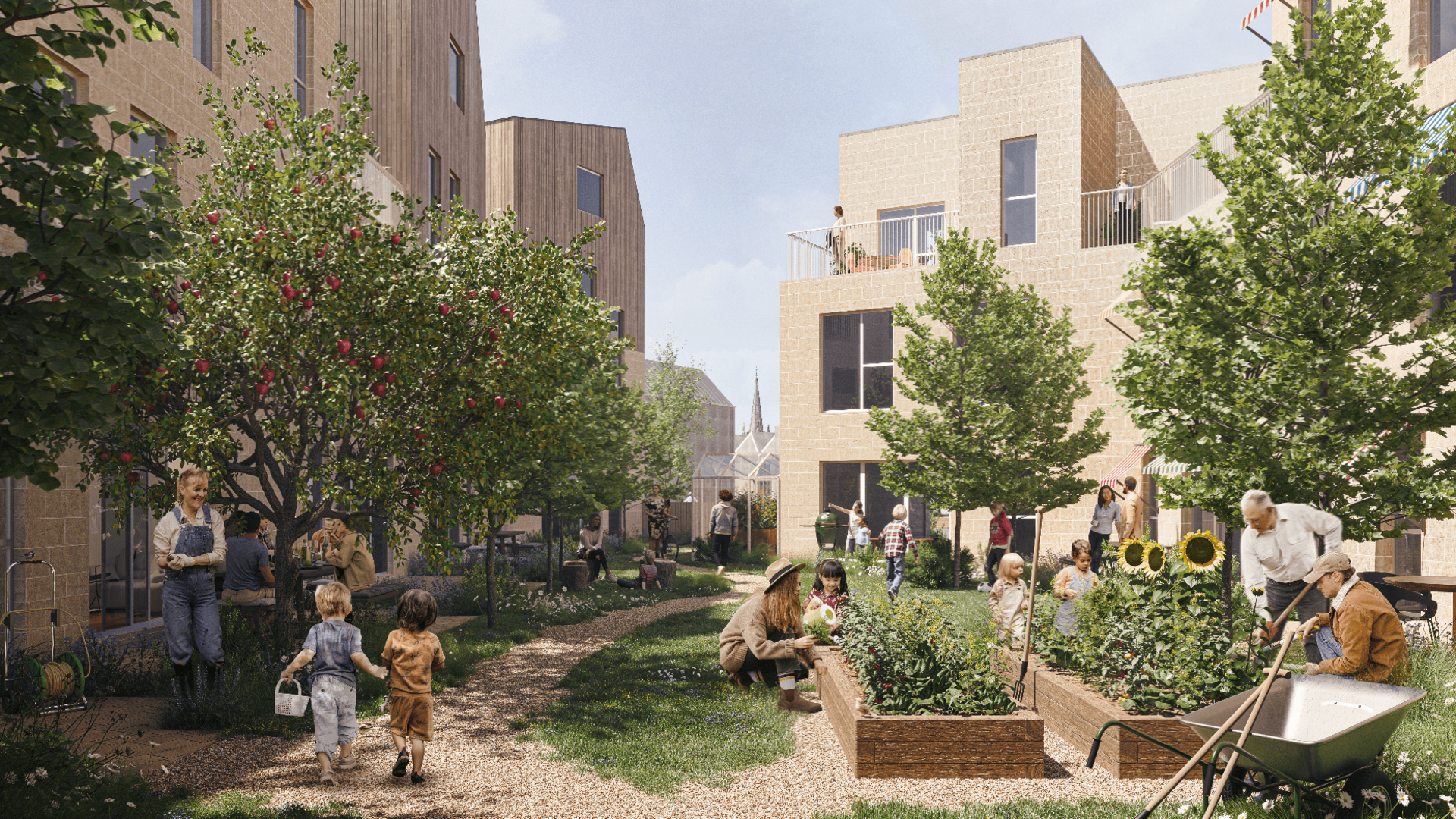 A computer generated image of how the new homes at Saxonvale could look. The image shows a group of people young and old tending to an allotment with new buildings behind them. 