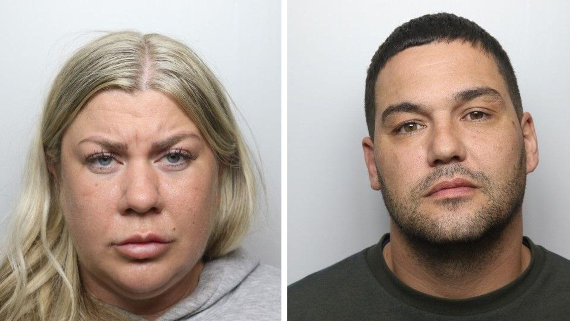 A composite image of two police mugshots. On the left, a woman with long blonde hair. She is wearing a a grey sweatshirt. On the right, a man with short dark hair and stubble wearing a dark sweatshirt. Both are looking directly at the camera.