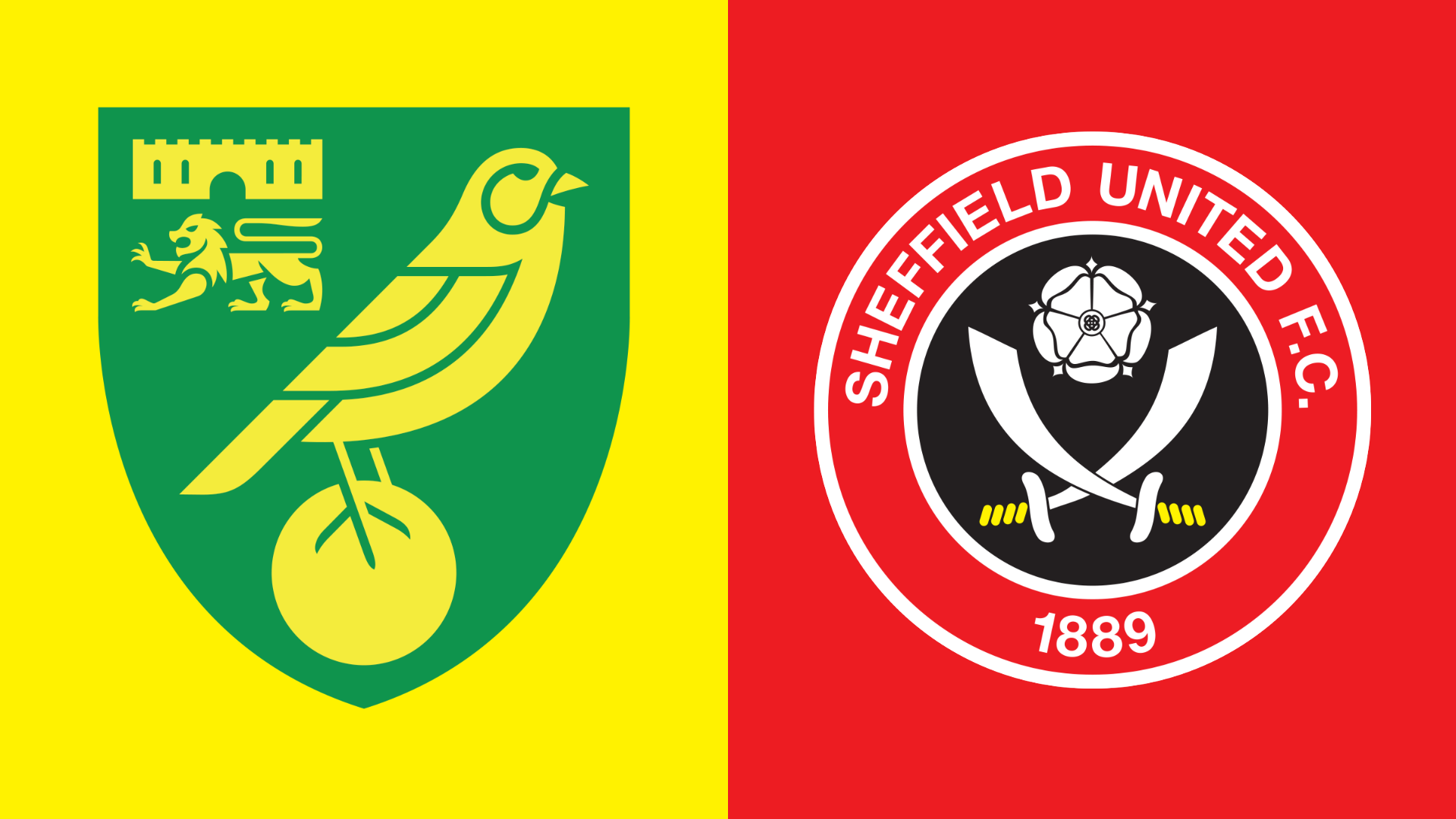 The Norwich City and Sheffield United club badges side by side. The Norwich one shows a yellow canary perched on a football on a green background. Sheffield United has crossed blades below a white rose on a black background with a red circle around it it
