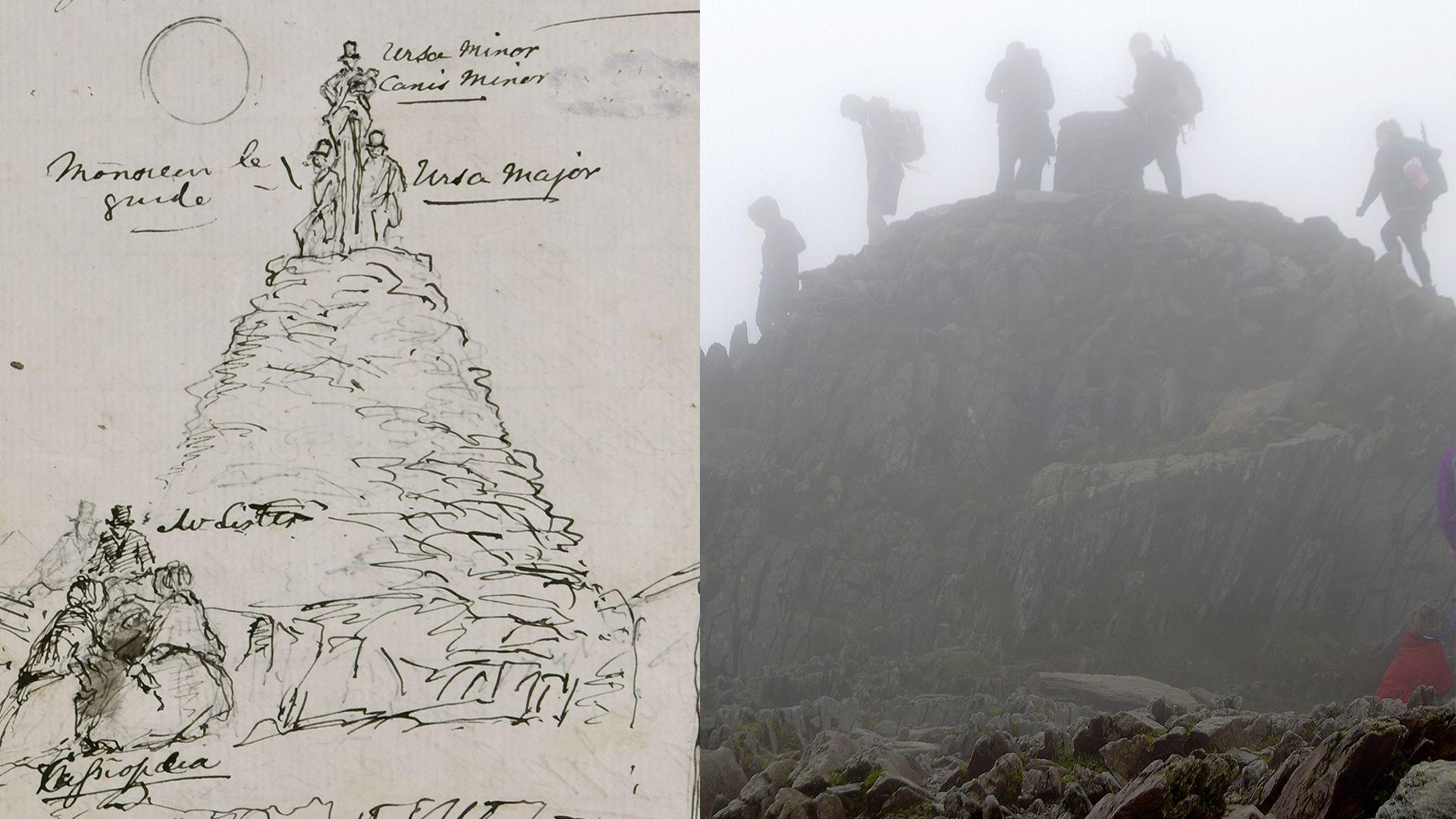 Darlun o ymwelwyr ar gopa'r Wyddfa, a ffotograff o gerddwyr ar gopa'r mynydd