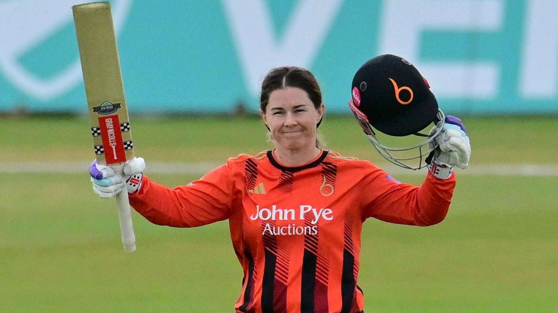 Tammy Beaumont celebrates bringing up her century for The Blaze at Trent Bridge